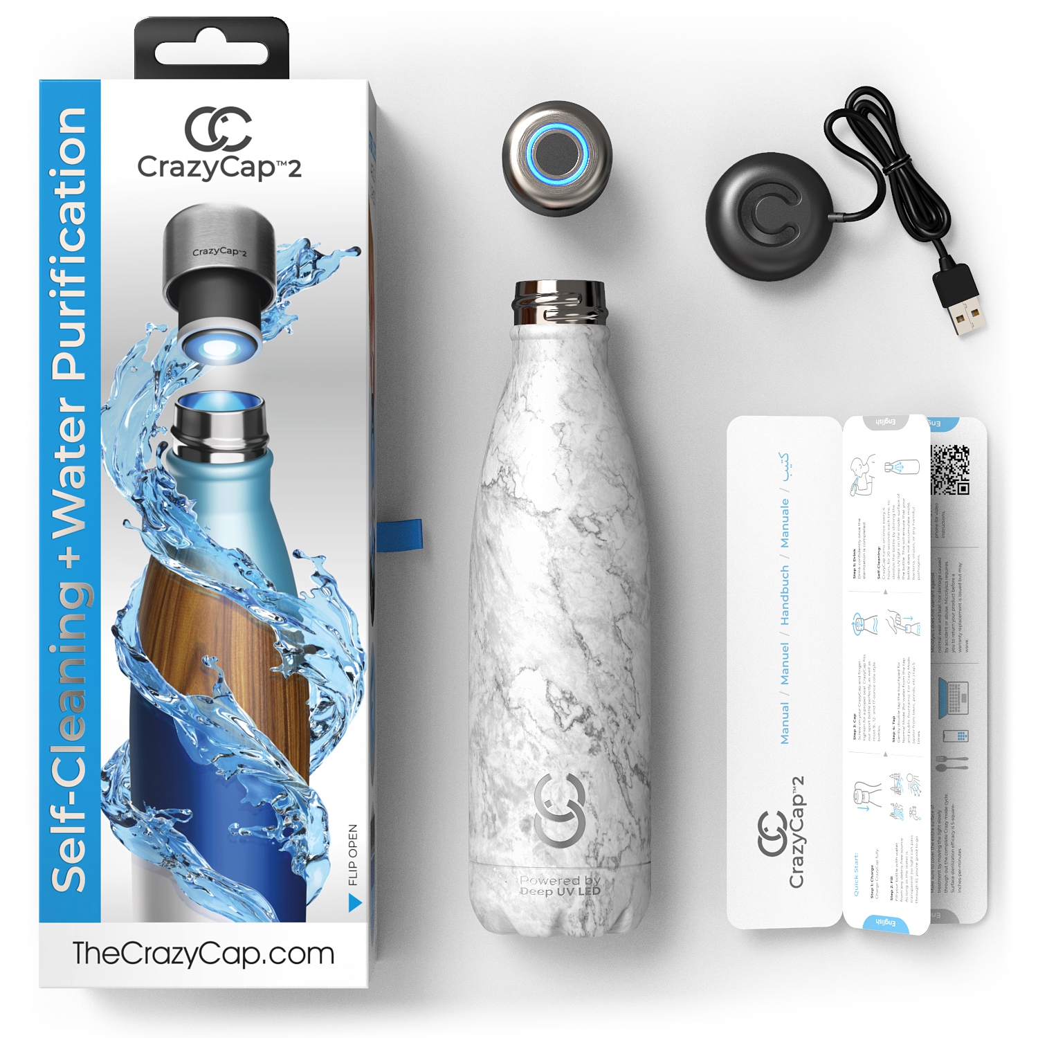 CrazyCap 2.0 UV Water Purifier & Self-Cleaning Stainless Steel Insulated Water Bottle - Marble 500ml