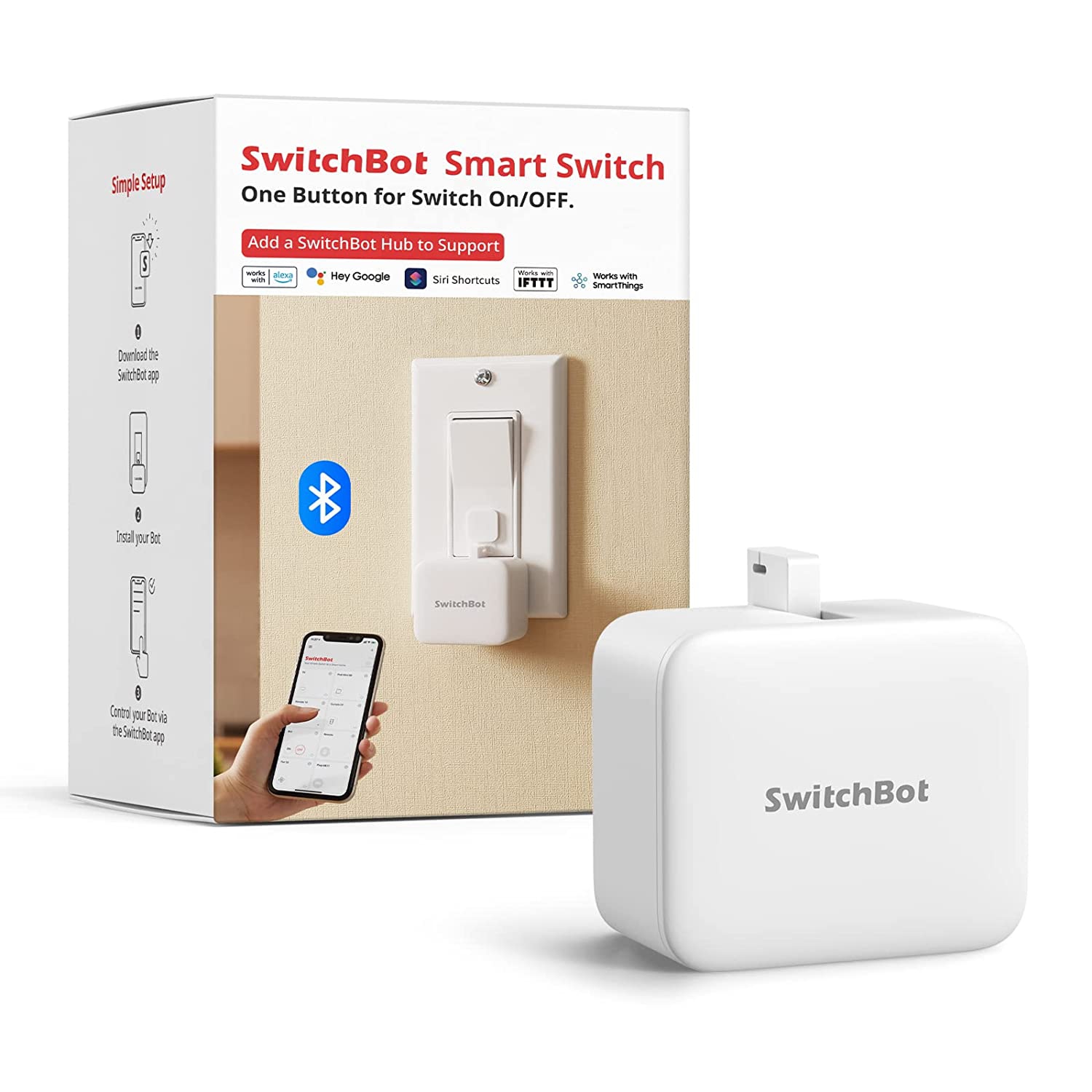 SwitchBot Bot | Smart Switch Button Pusher - No Wiring, Wireless App or Timer Control, Add SwitchBot Hub Mini to Make it Compatible with Alexa, Google Home, IFTTT, White