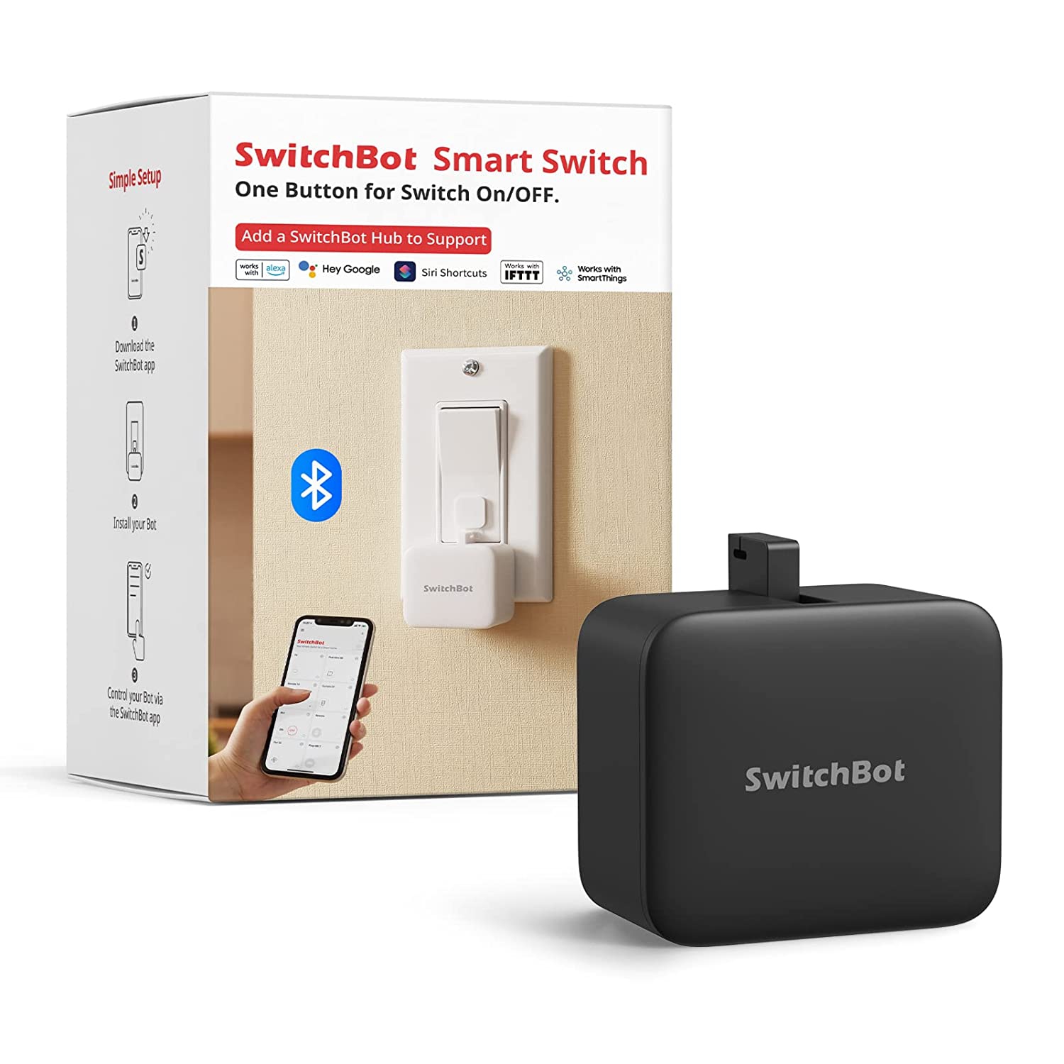 SwitchBot Bot | Smart Light Switch Button Pusher - No Wiring, Wireless App or Timer Control, Add SwitchBot Hub Mini to Make it Compatible with Alexa, Google Home, IFTTT, Black