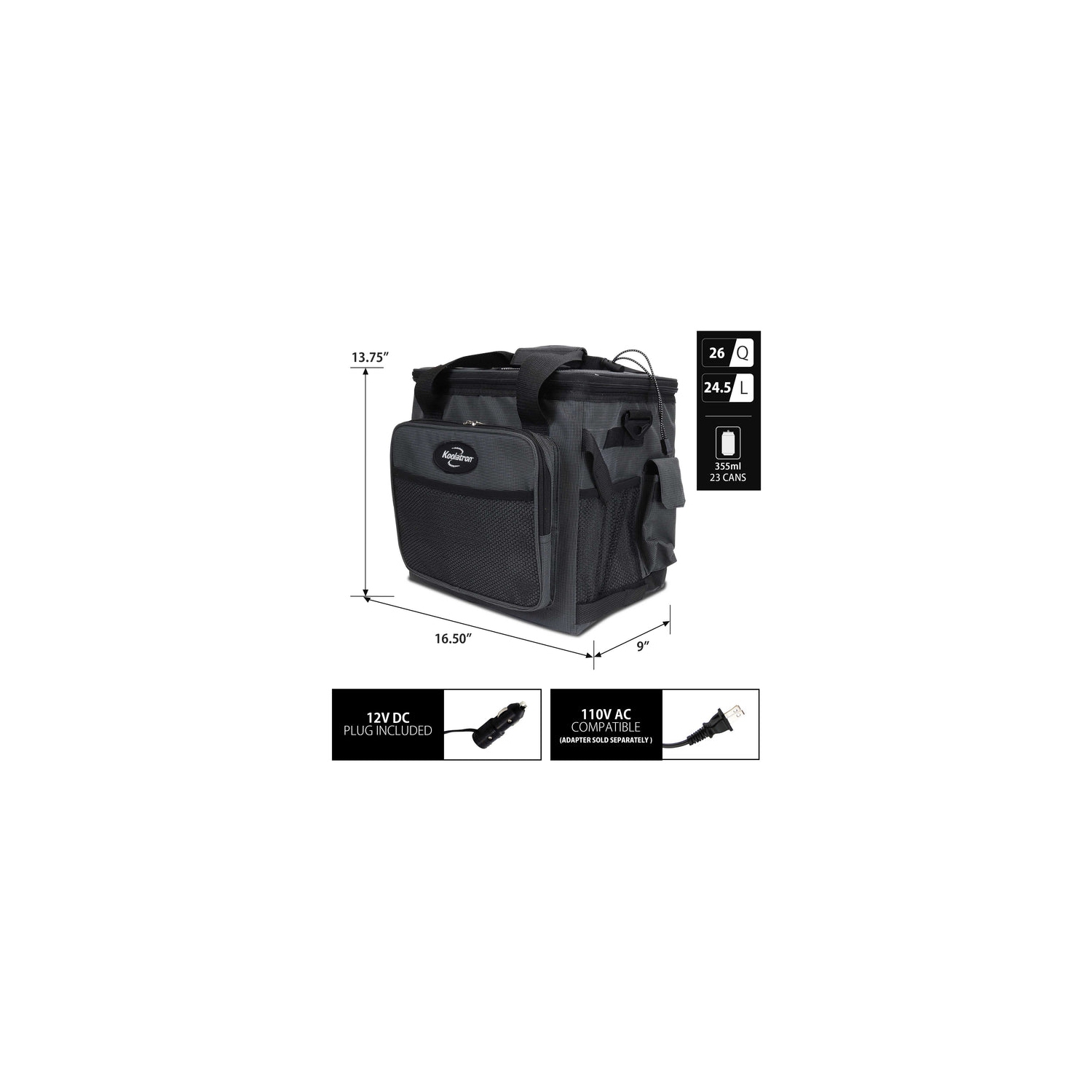 D13 Hybrid Portable 12V Cooler Bag with Shoulder Strap, 13L / 14 qt, Grey and Black