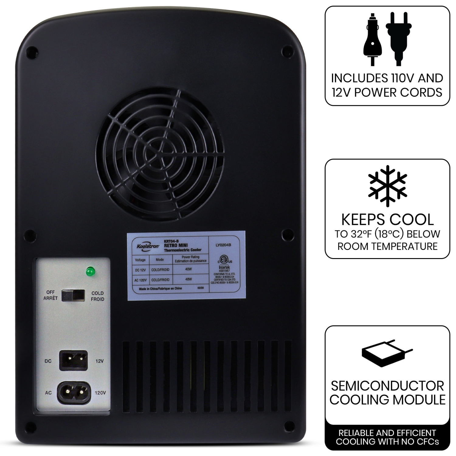 Koolatron 4L Retro Portable Mini Fridge w/ 12V DC and 110V AC Cords, 6 Can Personal Cooler, Black