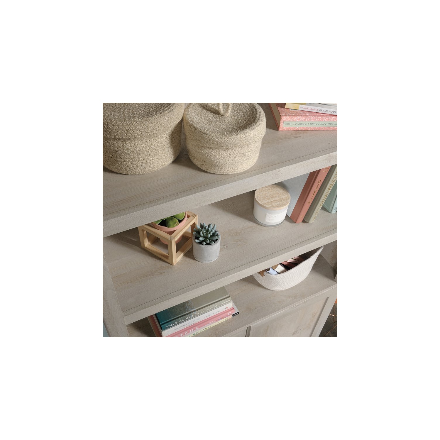 Sauder – Bibliothèque haute en bois à 3 tablettes et 2 portes, fini marron blanchi, divers