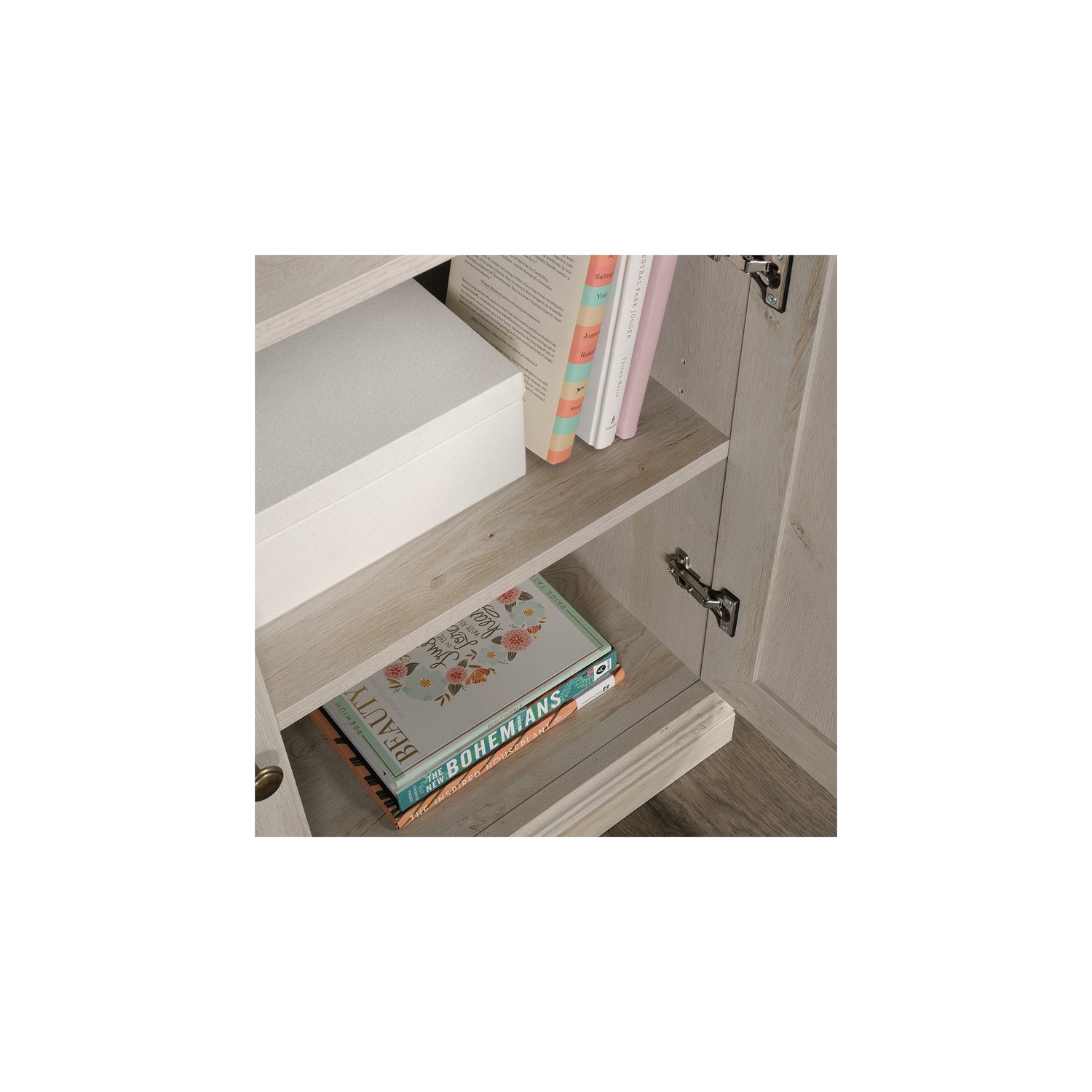 Sauder – Bibliothèque haute en bois à 3 tablettes et 2 portes, fini marron blanchi, divers