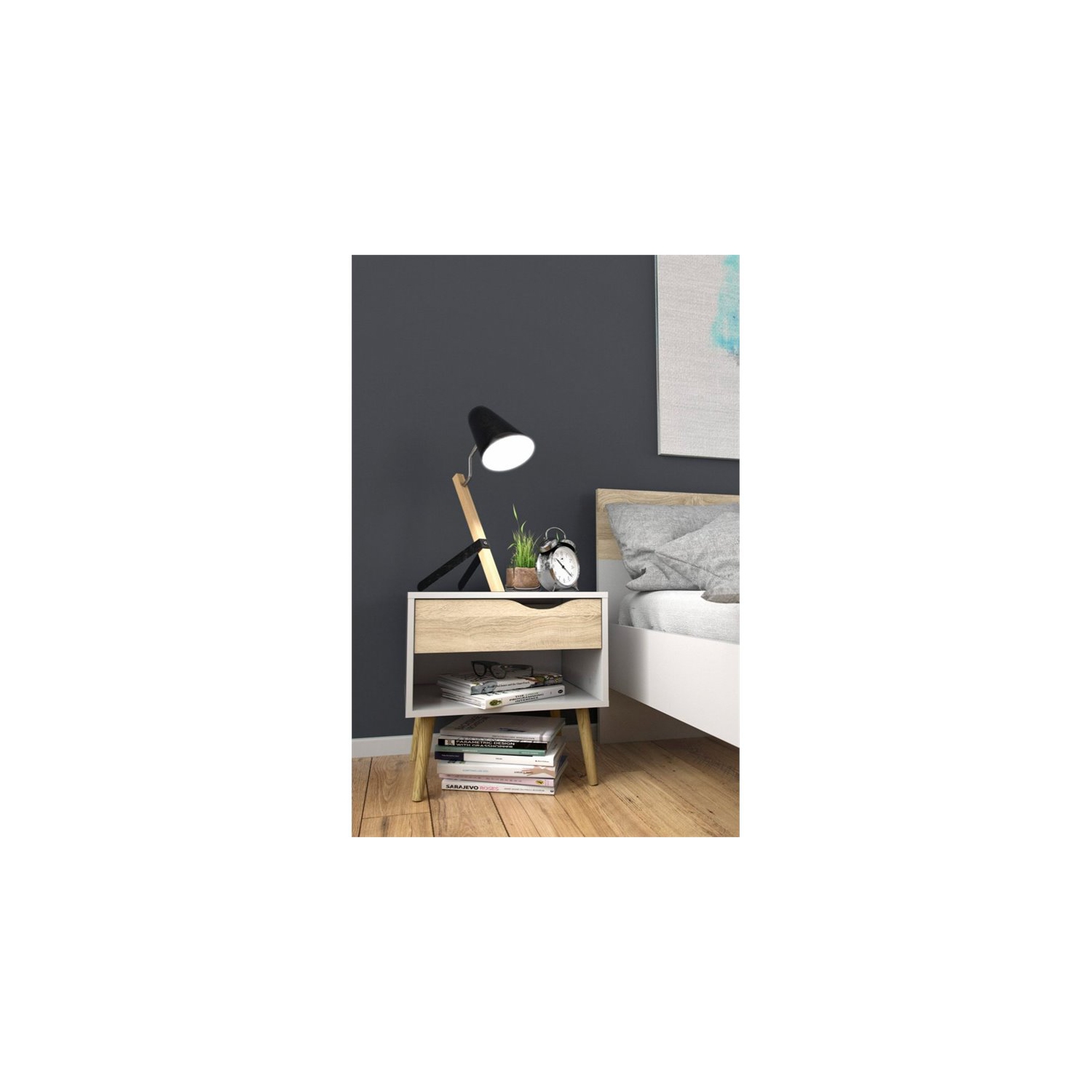 Tvilum Diana Modern 1 Drawer Nightstand in White and Oak