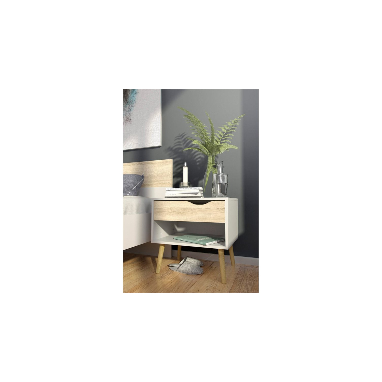 Tvilum Diana Modern 1 Drawer Nightstand in White and Oak