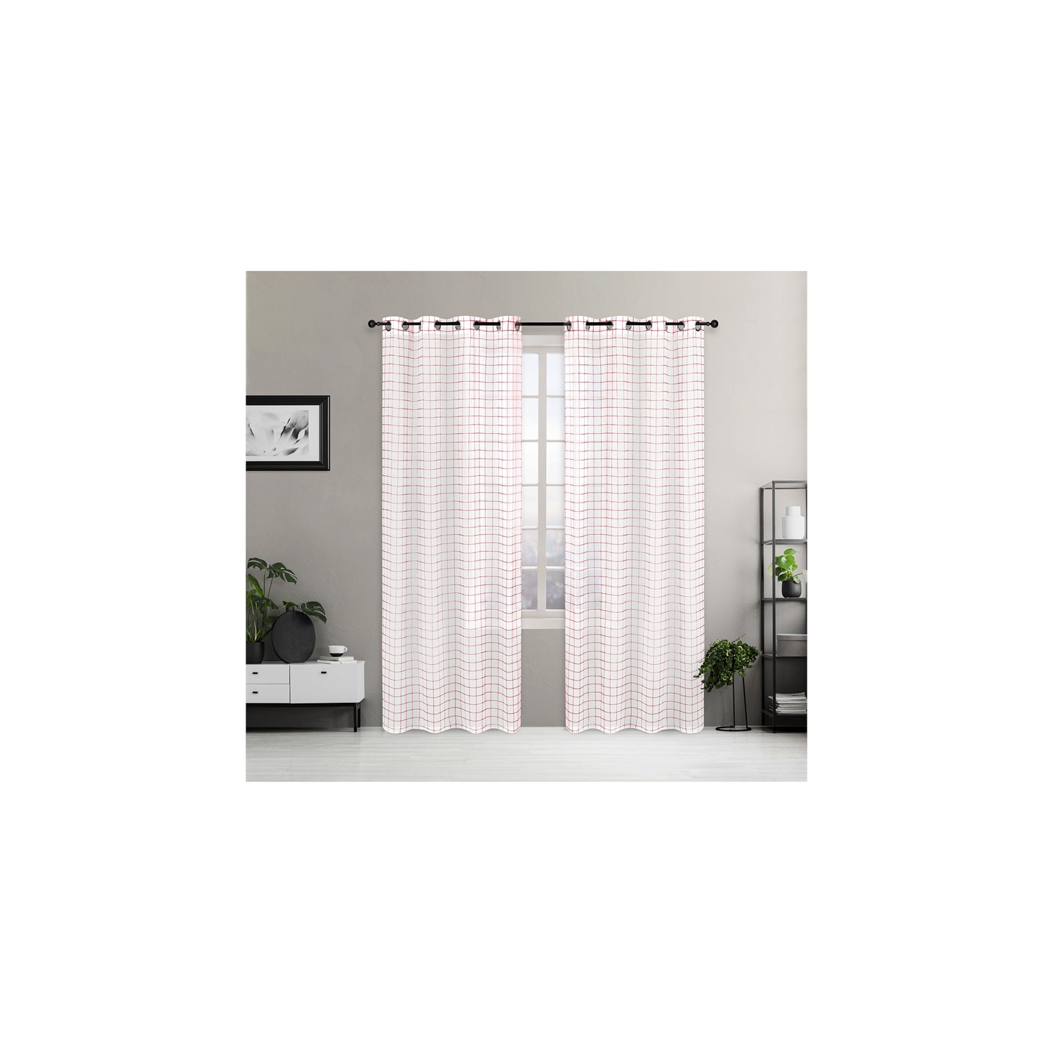 Safdie & Co. Wrinkle Free Curtain Sheer Check 84"L in Red