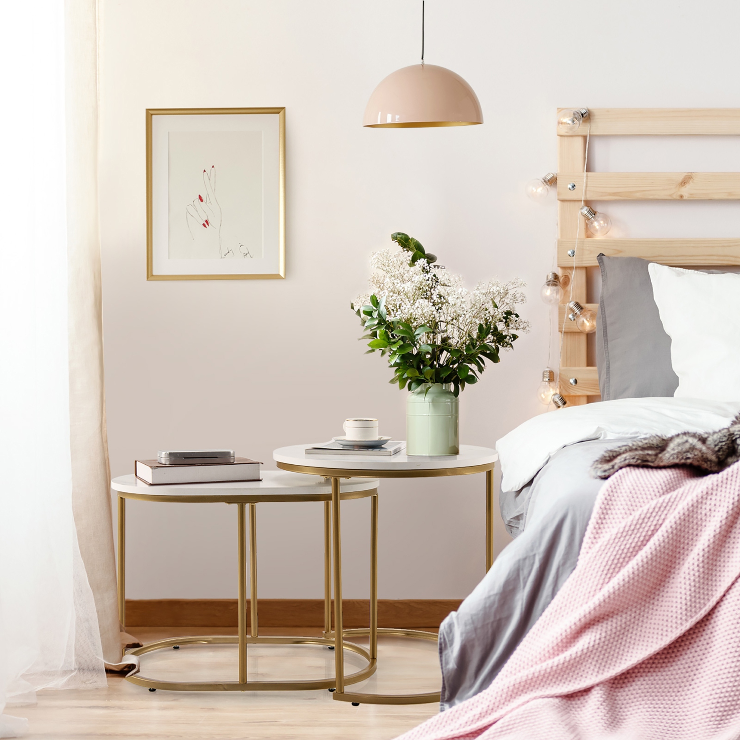 Costway Nesting Coffee Table Modern Set of 2 Marble Coffee Side Table Set Living Room