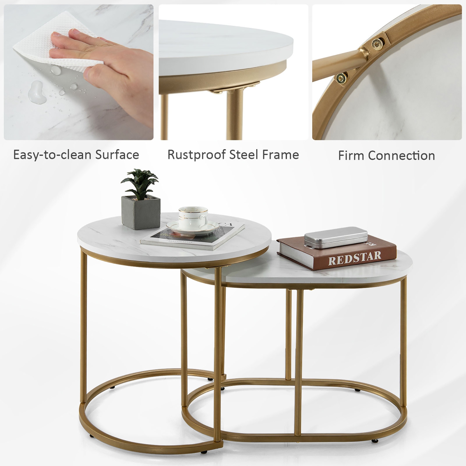 Costway Nesting Coffee Table Modern Set of 2 Marble Coffee Side Table Set Living Room
