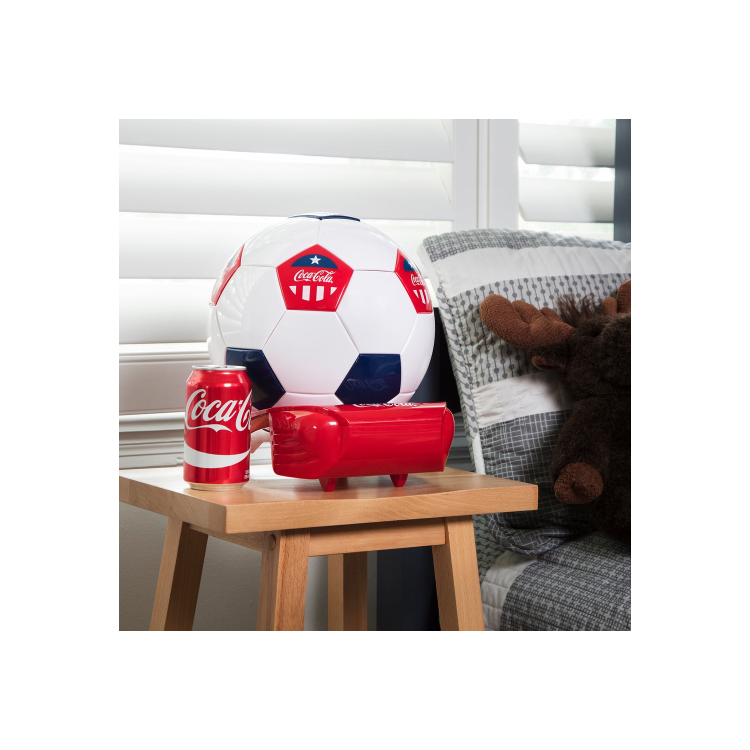 Coca-Cola Soccer Ball Mini Fridge, 5 Can Beverage Cooler with Hidden Opening, White Red Black, Games Room, Man-Cave, Dorm, Perfect Gift for Dad,