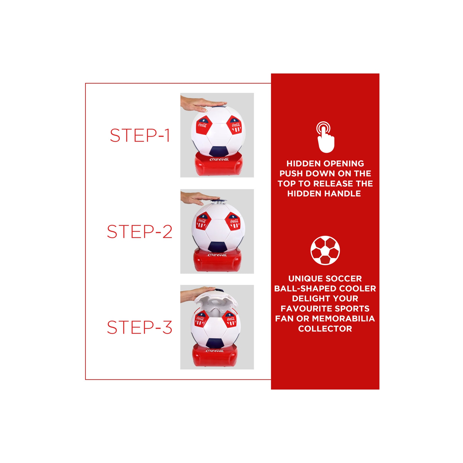 Coca-Cola Soccer Ball Mini Fridge, 5 Can Beverage Cooler with Hidden Opening, White Red Black, Games Room, Man-Cave, Dorm, Perfect Gift for Dad,