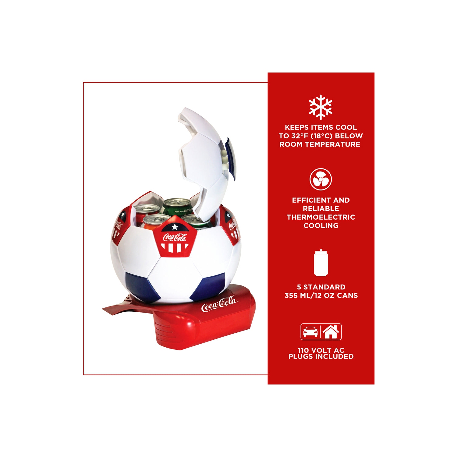 Coca-Cola Soccer Ball Mini Fridge, 5 Can Beverage Cooler with Hidden Opening, White Red Black, Games Room, Man-Cave, Dorm, Perfect Gift for Dad,