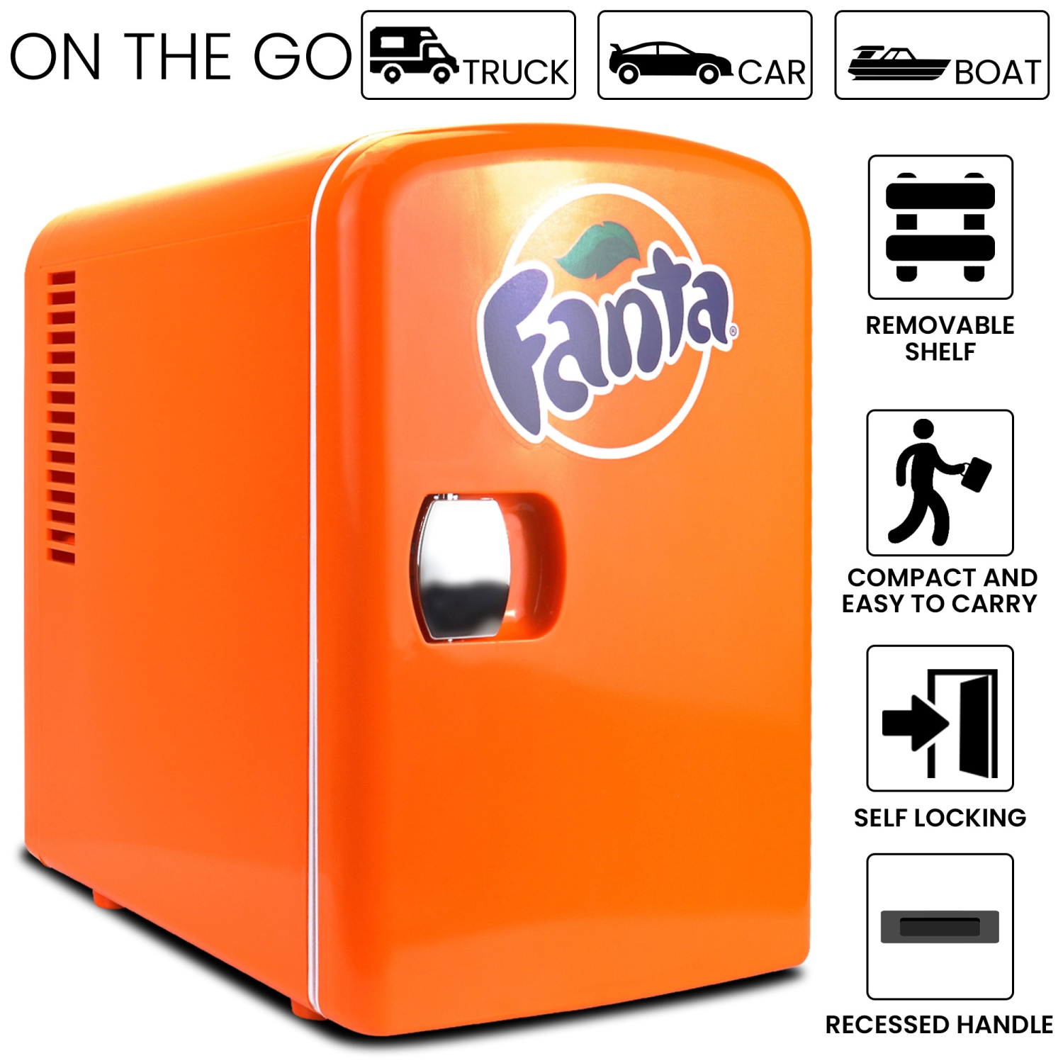 Coca-Cola Fanta 4L Cooler/Warmer w/ 12V DC and 110V AC Cords, 6 Can Portable Mini Fridge, Orange