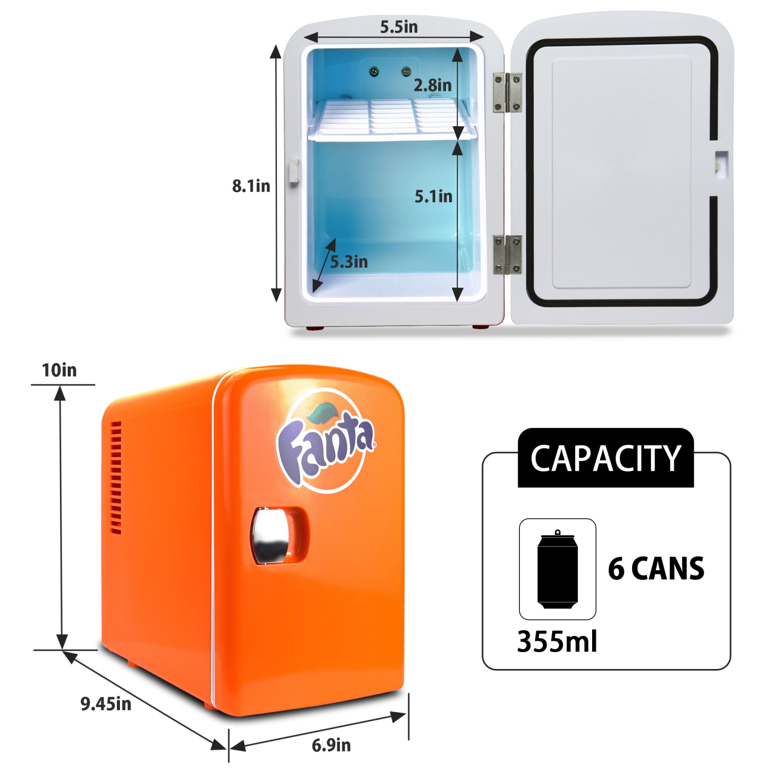 Coca-Cola Fanta 4L Cooler/Warmer w/ 12V DC and 110V AC Cords, 6 Can Portable Mini Fridge, Orange