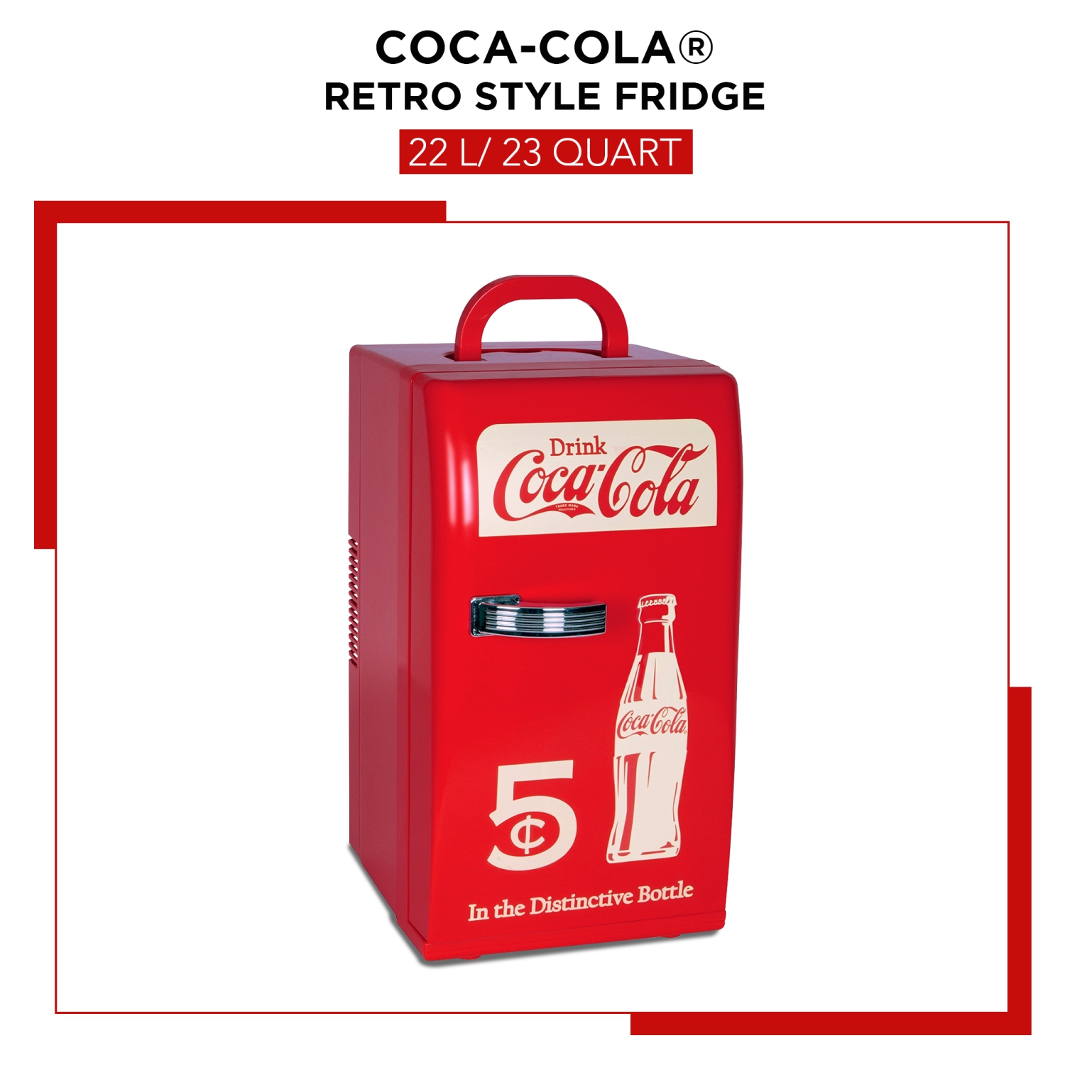 Coca-Cola Retro 18 Can Mini Fridge 22L, AC/DC Portable Cooler for Snack Lunch Drinks, Includes 12V and AC Cords, for Home Office Dorm Cottage, Red