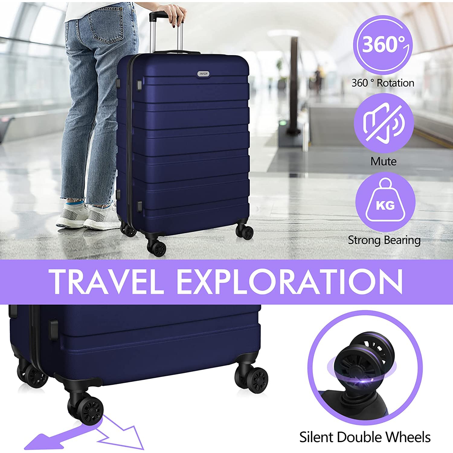 Ensembles de 3 valises rigides extensibles AnyZip PC ABS avec 4 roulettes universelles TSA et 20 24 28 po Bleu foncé