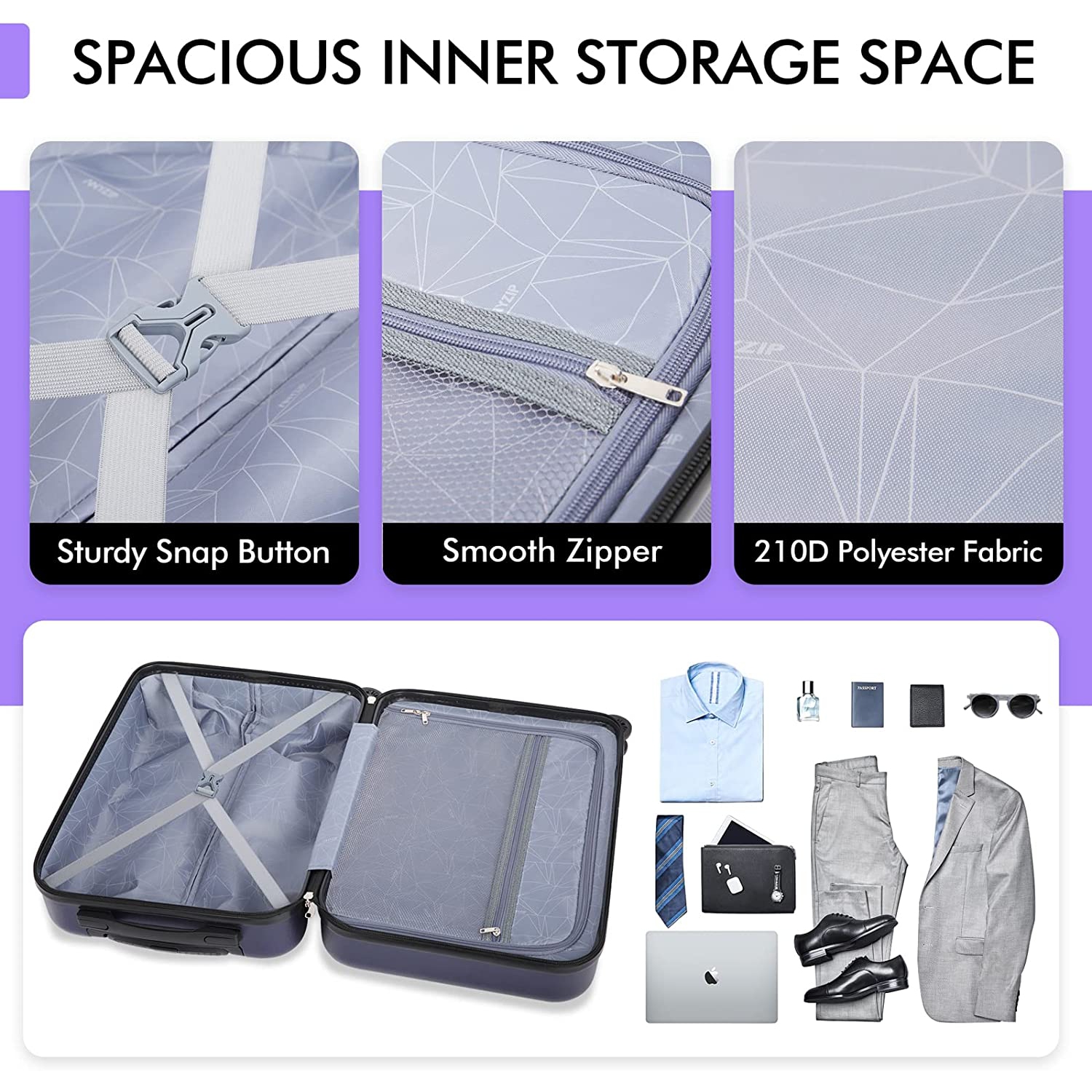 Ensembles de 3 valises rigides extensibles AnyZip PC ABS avec 4 roulettes universelles TSA et 20 24 28 po Bleu foncé