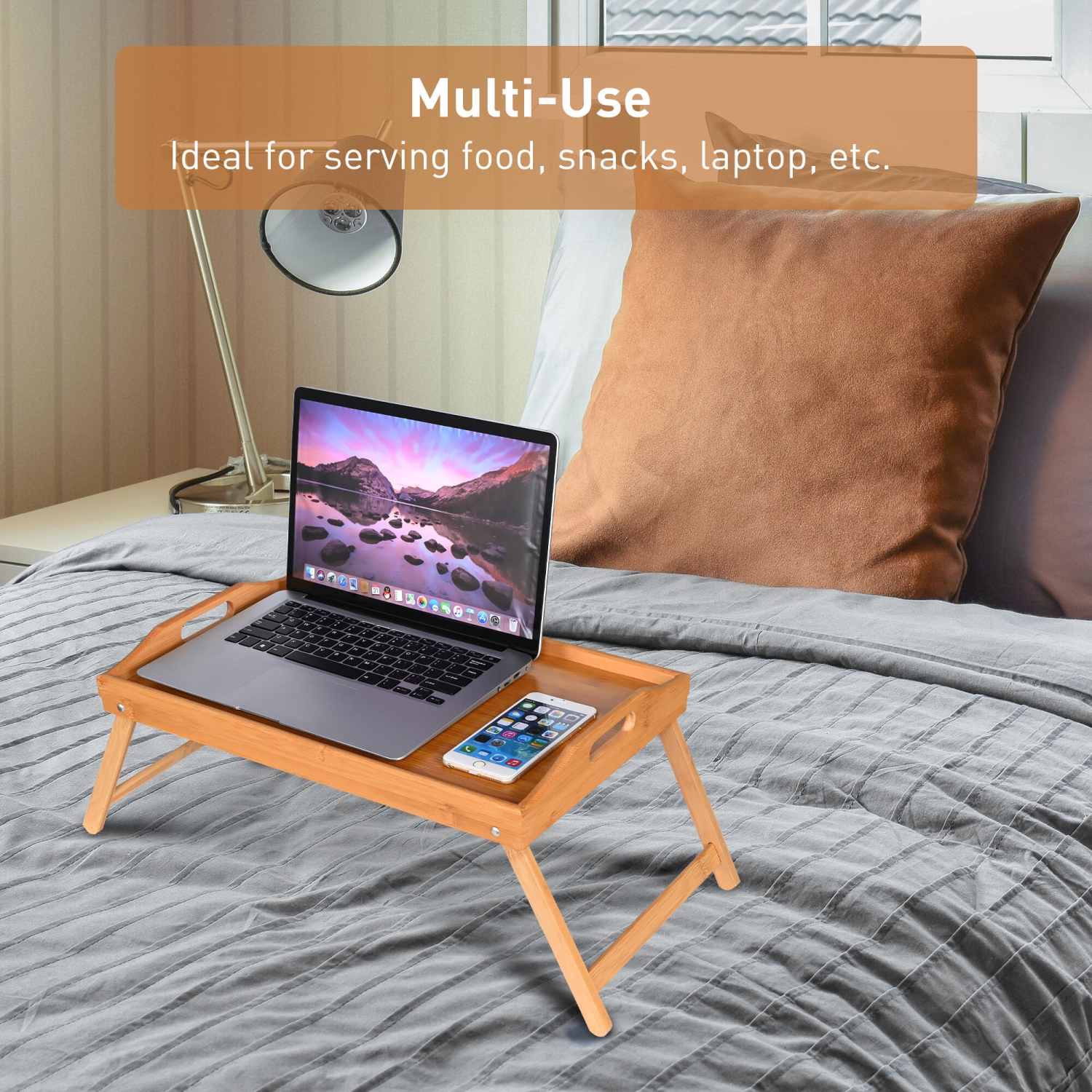 Bamboo Breakfast Bed Tray Table with Handles,Foldable Serving Portable Laptop Tray for Eating and Working
