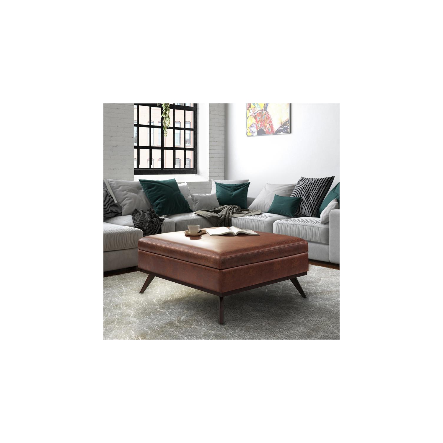 Owen 40 in.W Coffee Table StorageOttoman in Distressed Saddle Brown Faux Leather