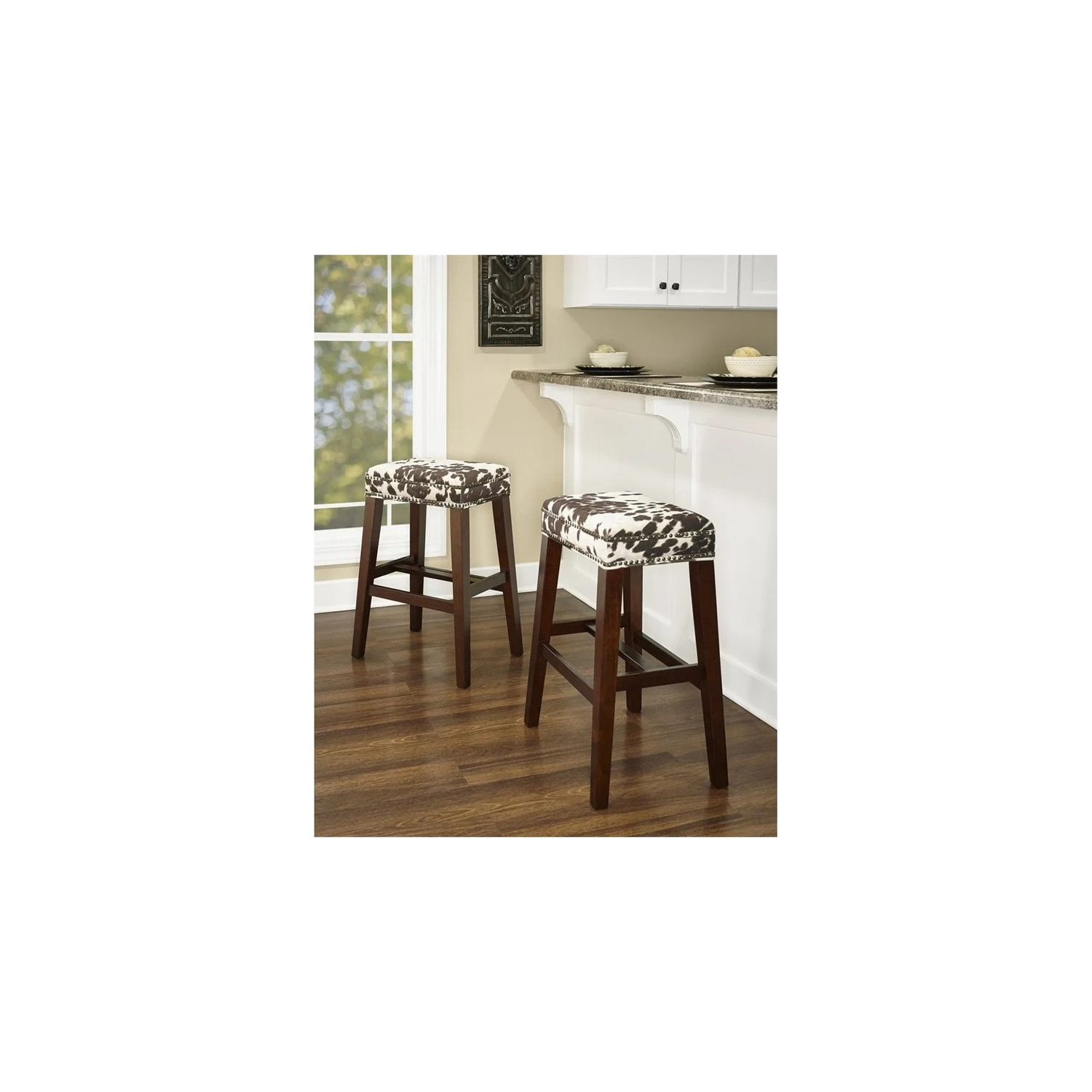 Riverbay Furniture 30" Transitional Wood/Fabric Cow Print Bar Stool in Brown
