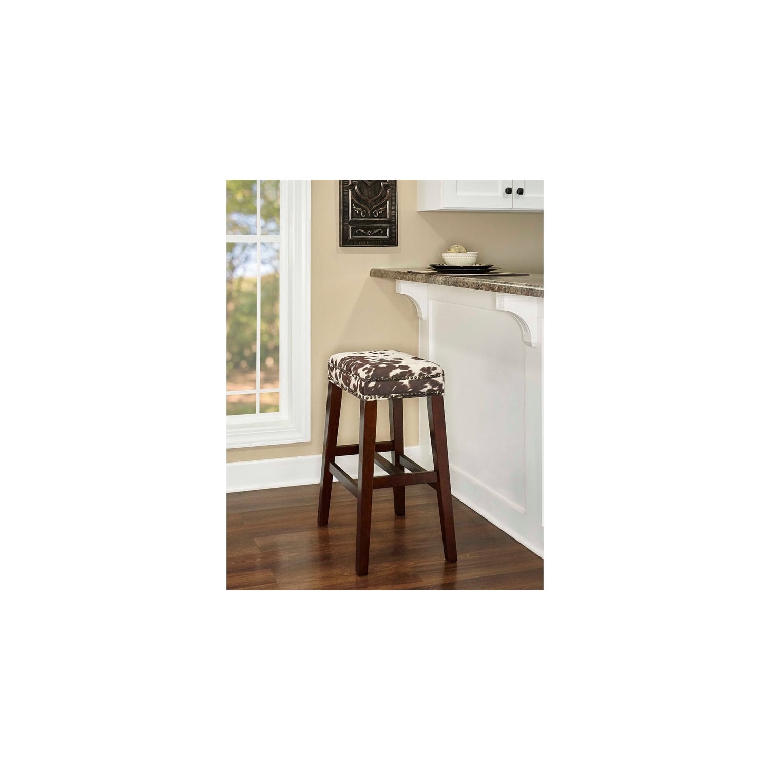 Riverbay Furniture 30" Transitional Wood/Fabric Cow Print Bar Stool in Brown