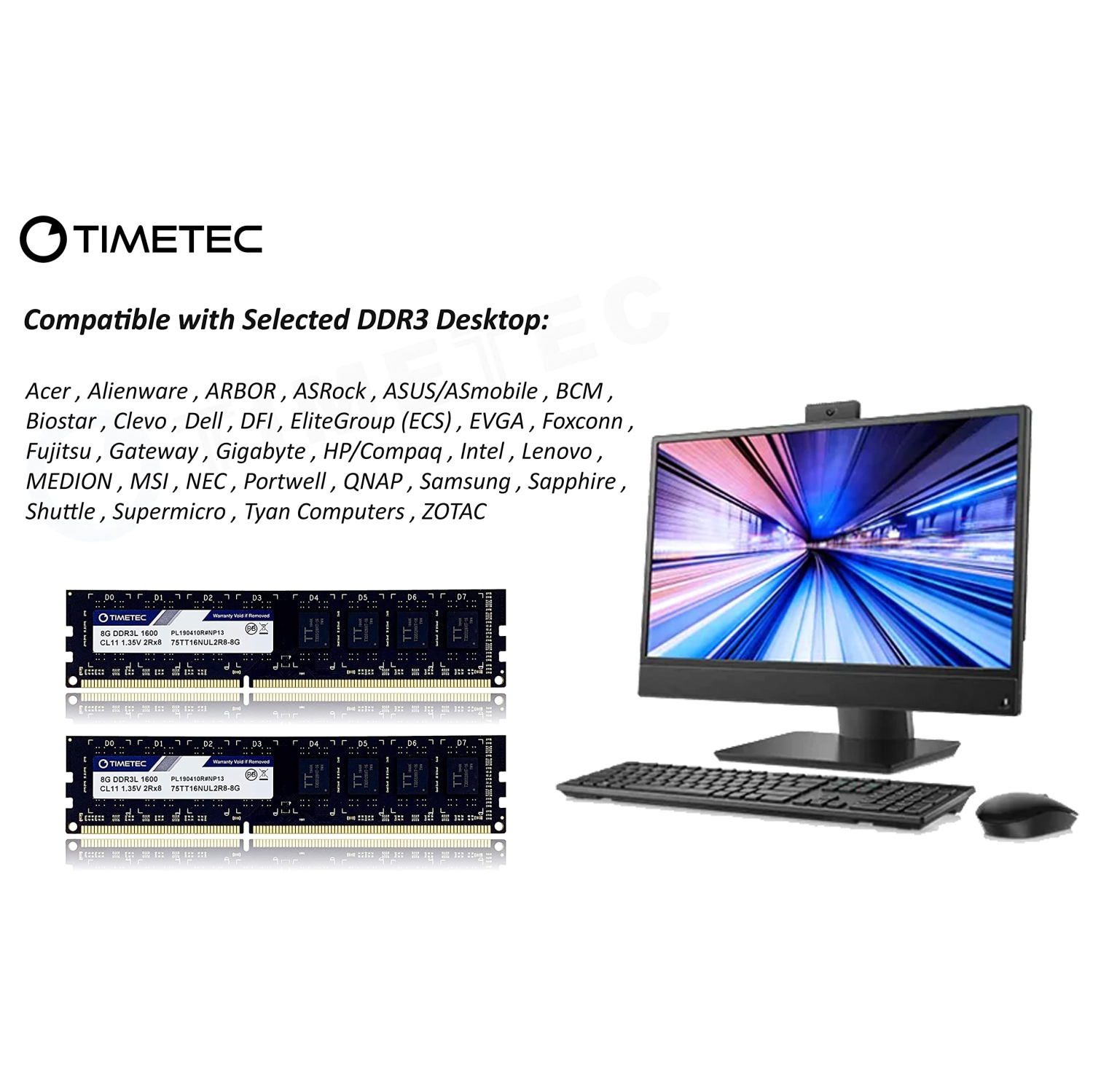 Timetec 16GB KIT(2x8GB) DDR3L/DDR3 1600MHz PC3L-12800 / PC3-12800 Non-ECC Unbuffered 1.35V/1.5V CL11 2Rx8 Dual Rank 240 Pin UDIMM Desktop PC Computer