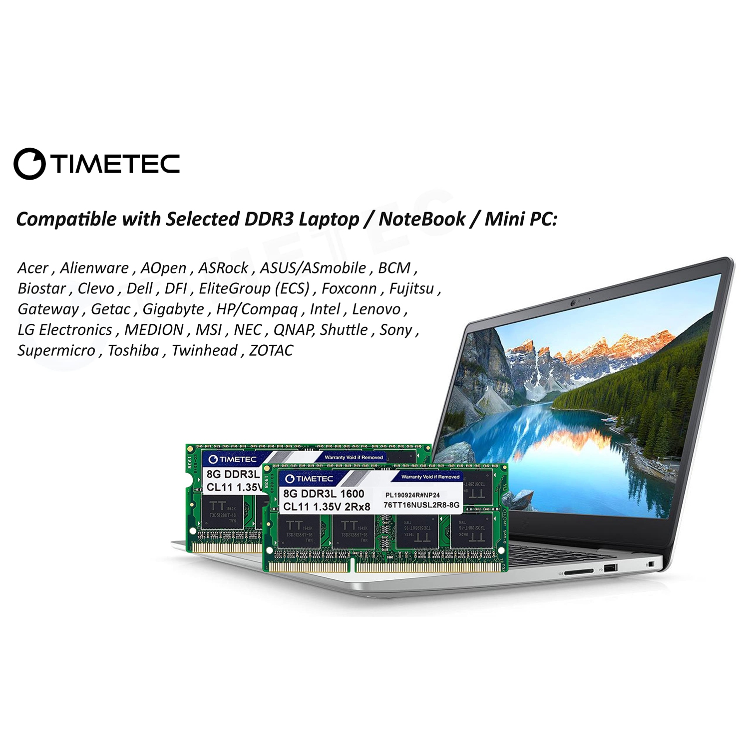 Timetec 16GB KIT(2x8GB) DDR3L / DDR3 1600MHz PC3L-12800 / PC3-12800 Non-ECC Unbuffered 1.35V/1.5V CL11 2Rx8 Dual Rank 204 Pin SODIMM Laptop Notebook