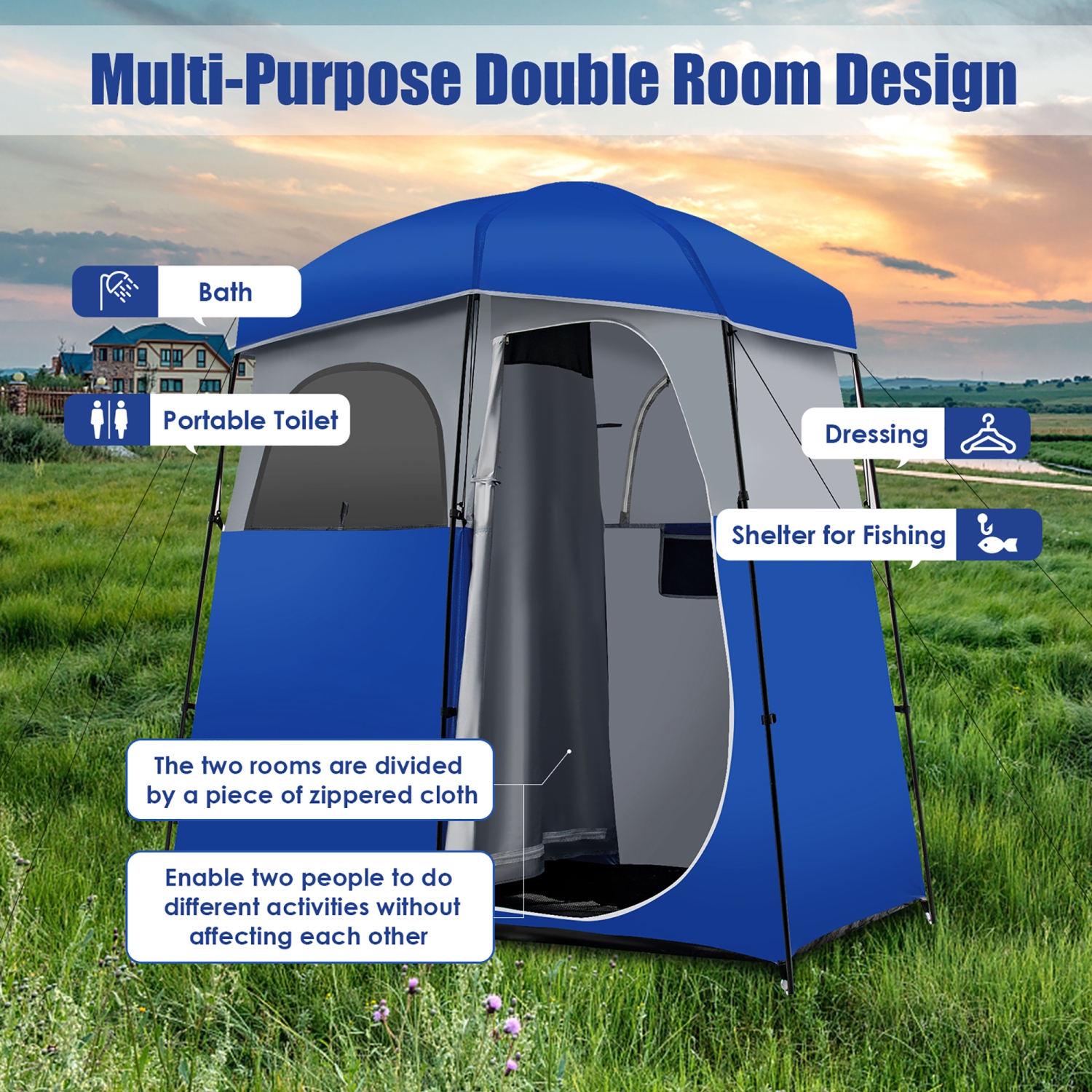 Costway Double-Room Camping Shower Toilet Tent with Floor Oversize Portable Storage Bag