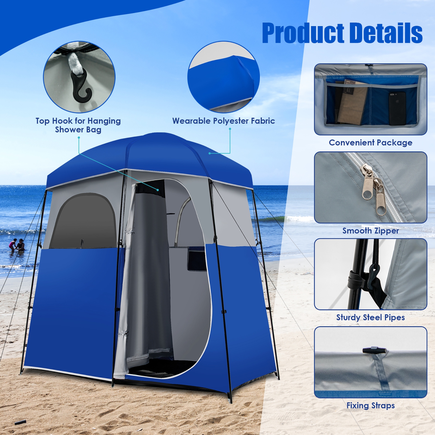 Costway Double-Room Camping Shower Toilet Tent with Floor Oversize Portable Storage Bag