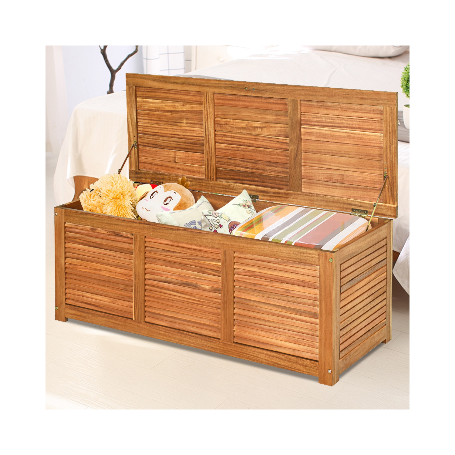 Costway 46 Gallon Deck Storage Acacia Wood Organization Toys Cushions Tools