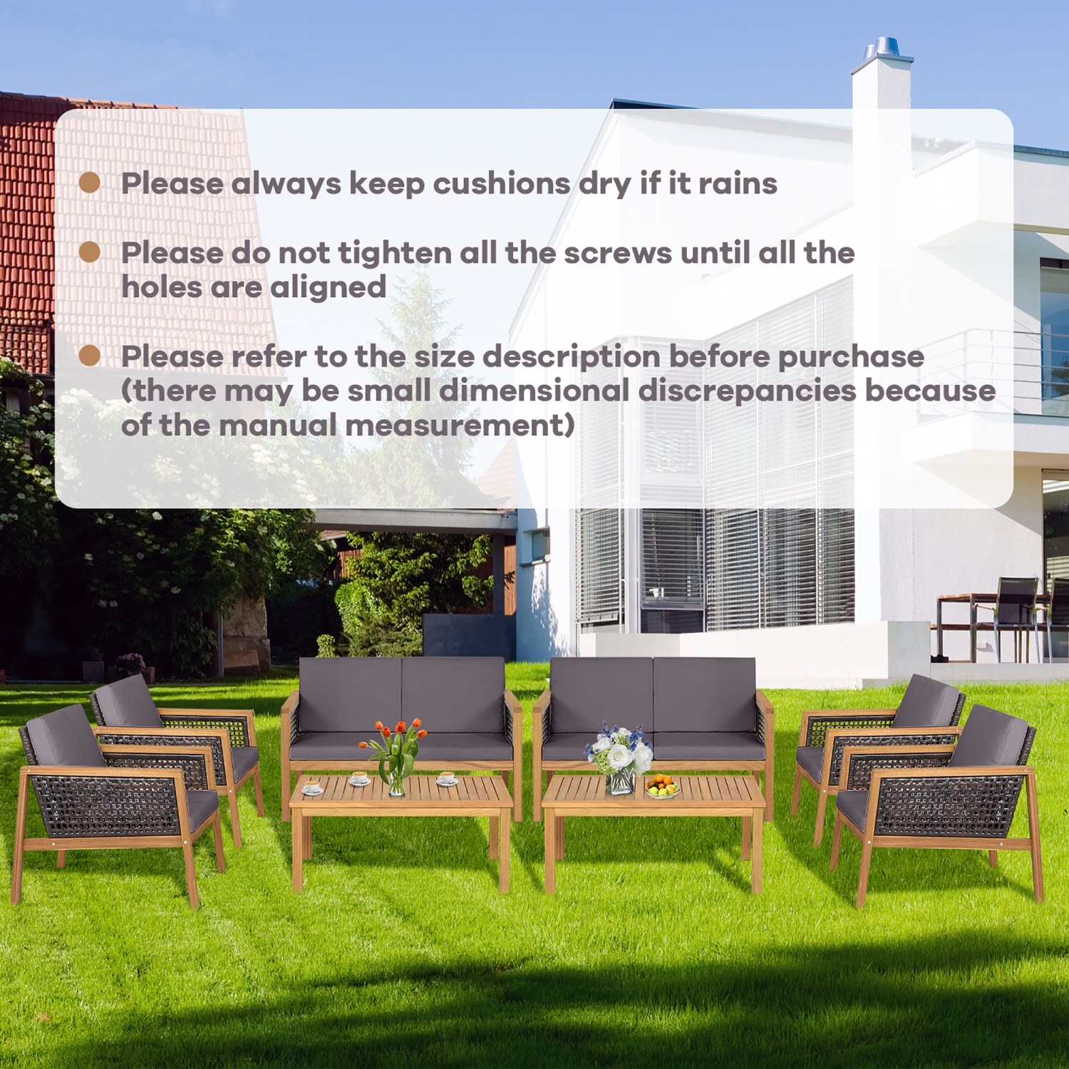 Ensemble de meubles de patio en rotin 8 pièces Costway, canapé rembourré en bois d'acacia, gris