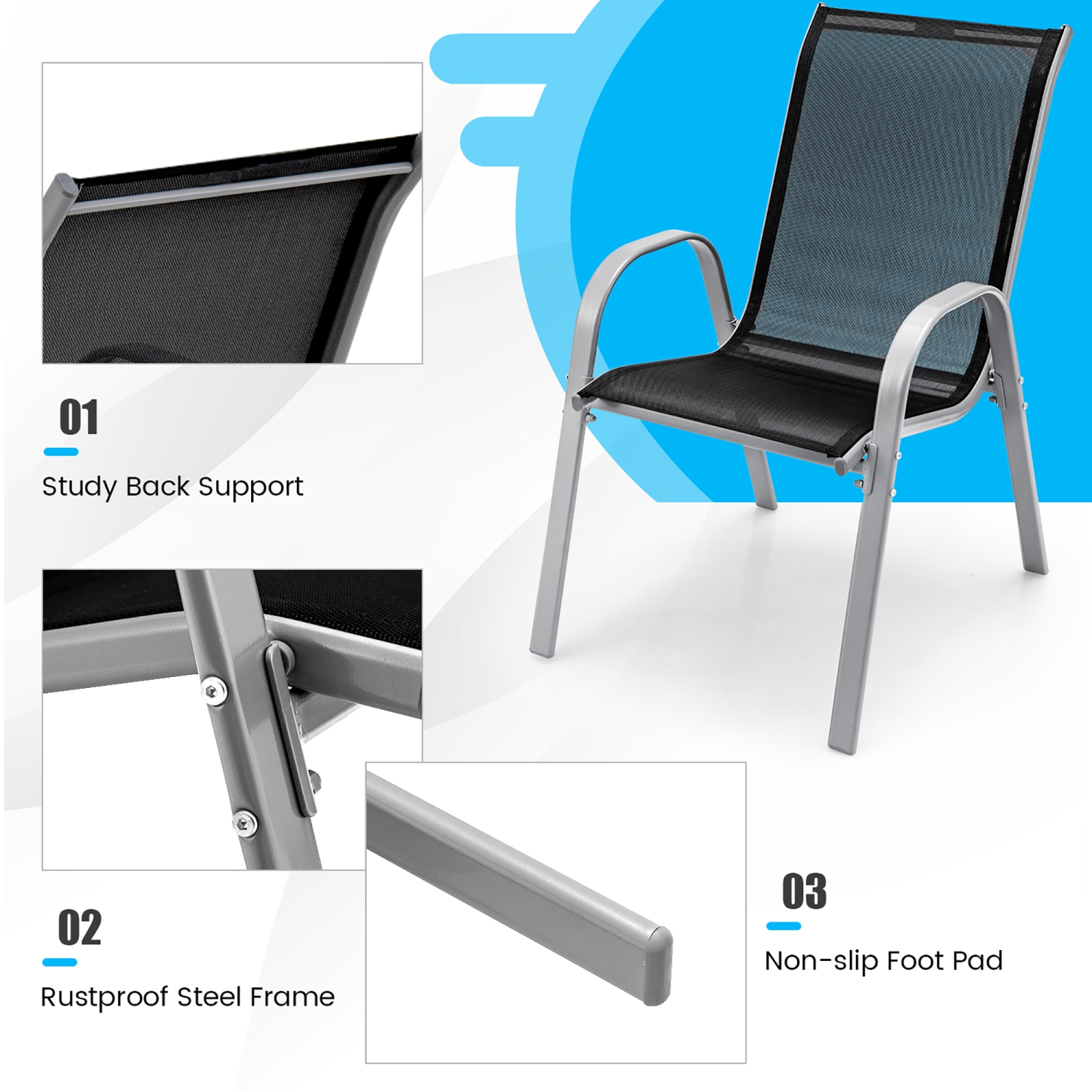 Costway Set of 4 Patio Dining Chairs Stackable Armrest Space Saving Garden Black