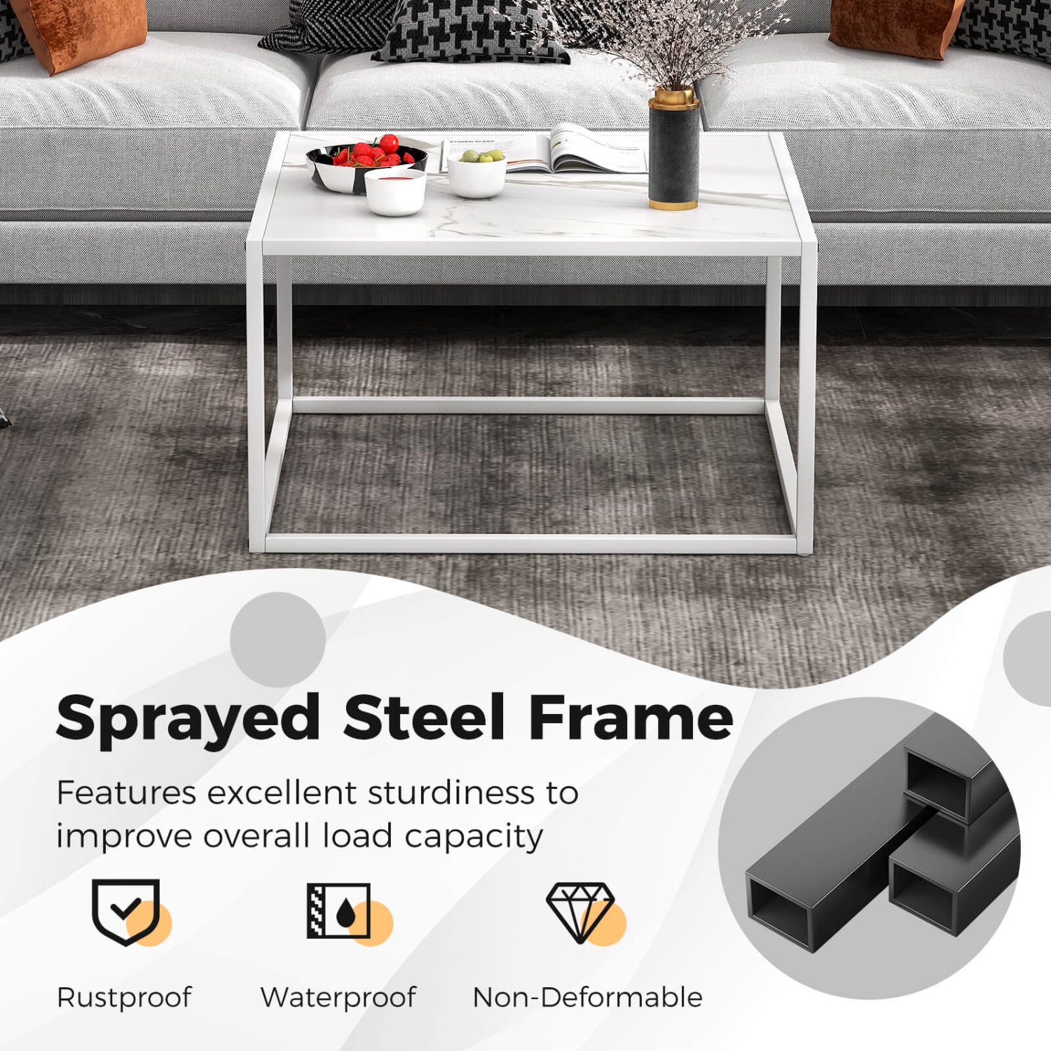 Costway Coffee Table Modern Rectangular Coffee Table Metal Frame For Living Room