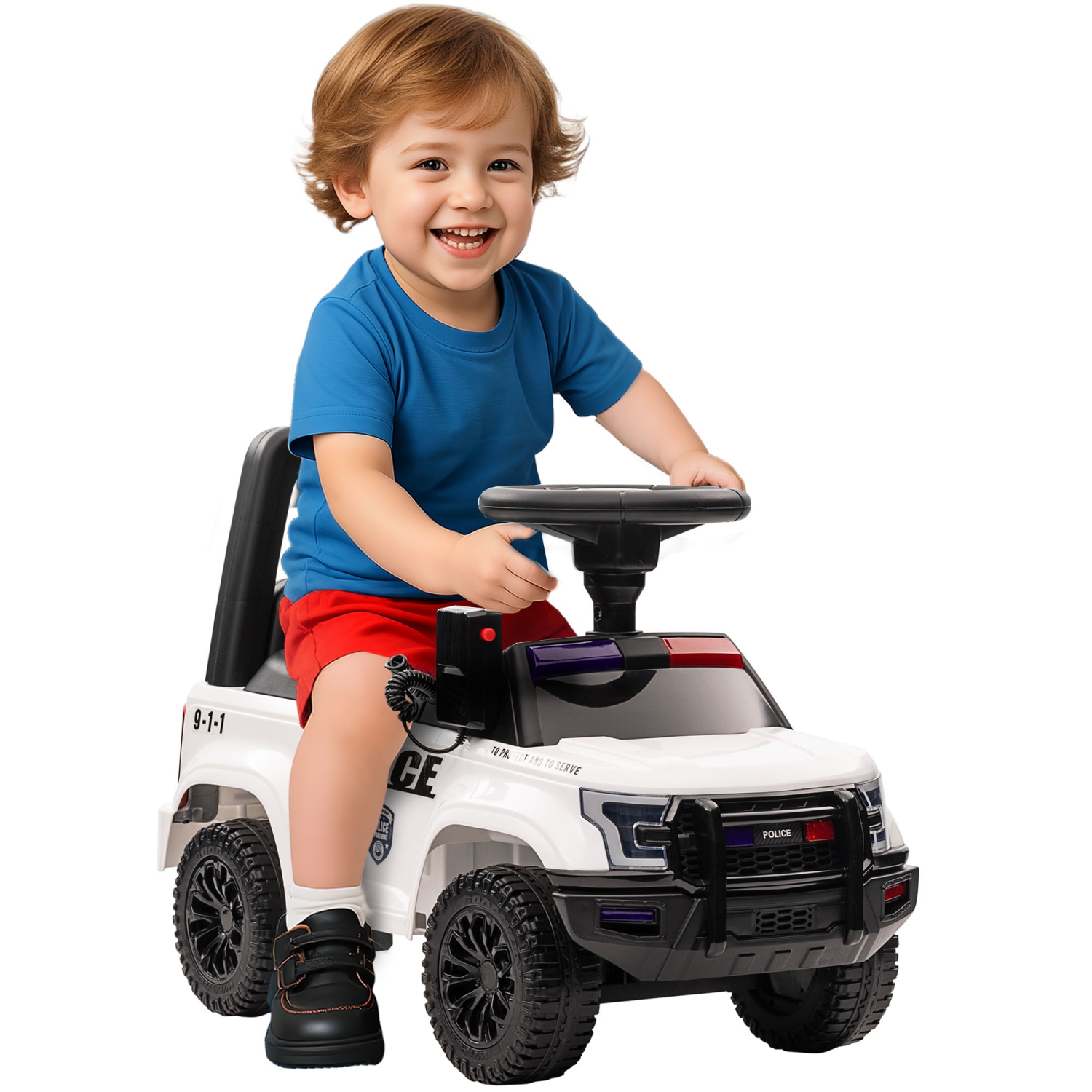 Aosom Voiture coulissante pour enfants avec rangement caché sous le siège, voiture de police pour tout-petit avec mégaphone, dispositif anti-dumping,