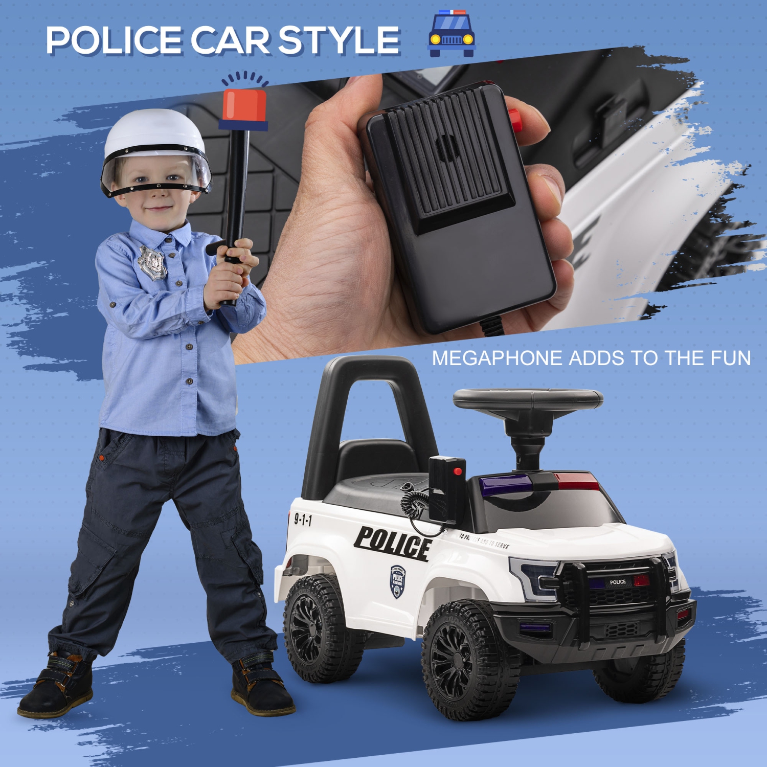Aosom Voiture coulissante pour enfants avec rangement caché sous le siège, voiture de police pour tout-petit avec mégaphone, dispositif anti-dumping,