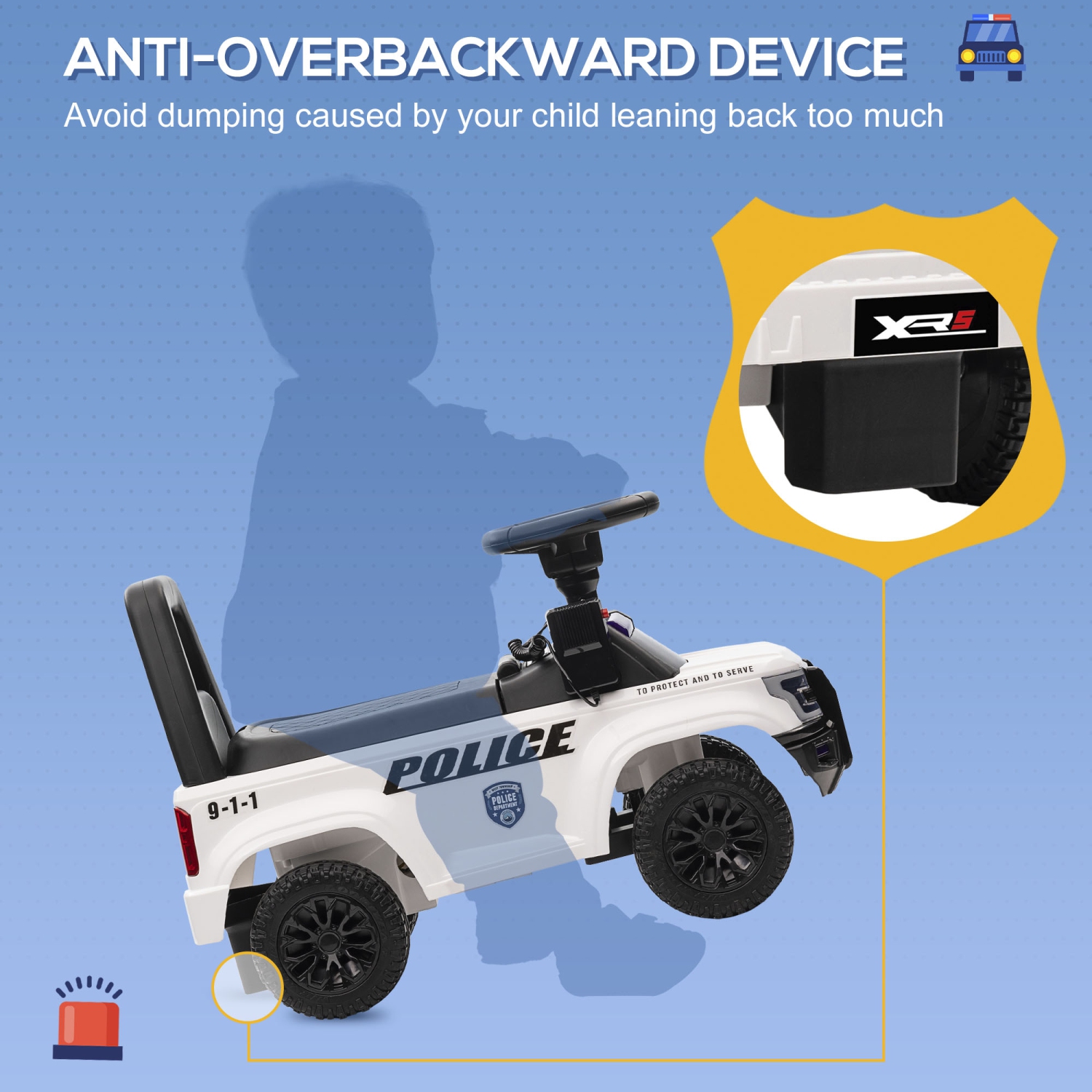 Aosom Voiture coulissante pour enfants avec rangement caché sous le siège, voiture de police pour tout-petit avec mégaphone, dispositif anti-dumping,