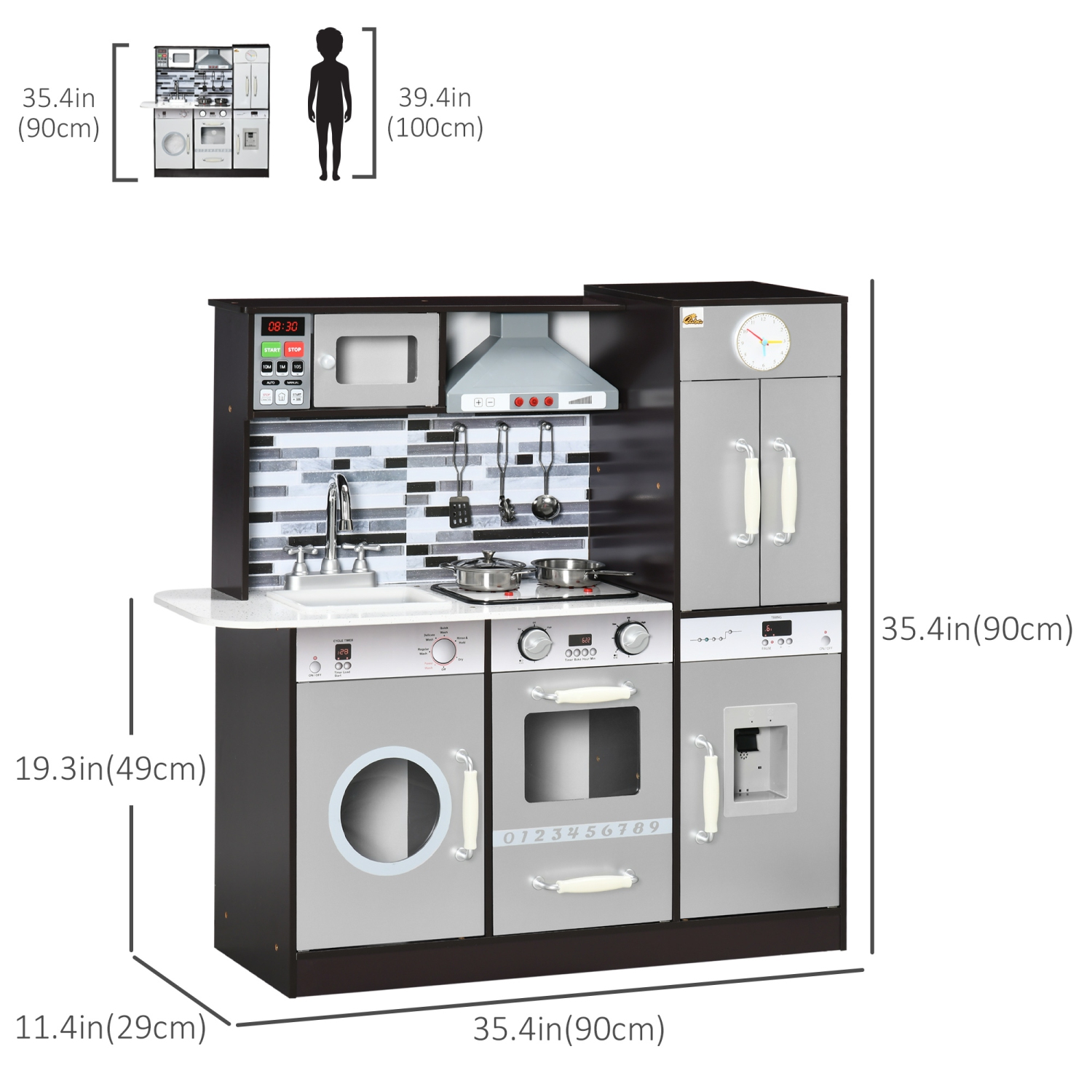 Cuisine de jeu en bois Qaba avec sons de lumières, cuisine pour enfants avec lave-linge, distributeur d'eau, four à micro-ondes, hotte de cuisinière,