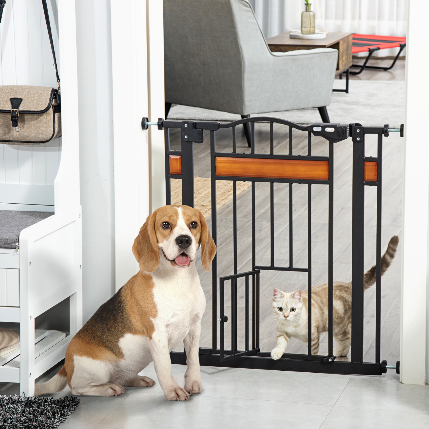 PawHut 29.1''-31.5'' Extra Wide Dog Gate with Cat Door with Stair Pressure Fit, Auto Close, Double Locking, for Doorways, Hallways, Stairs, Black