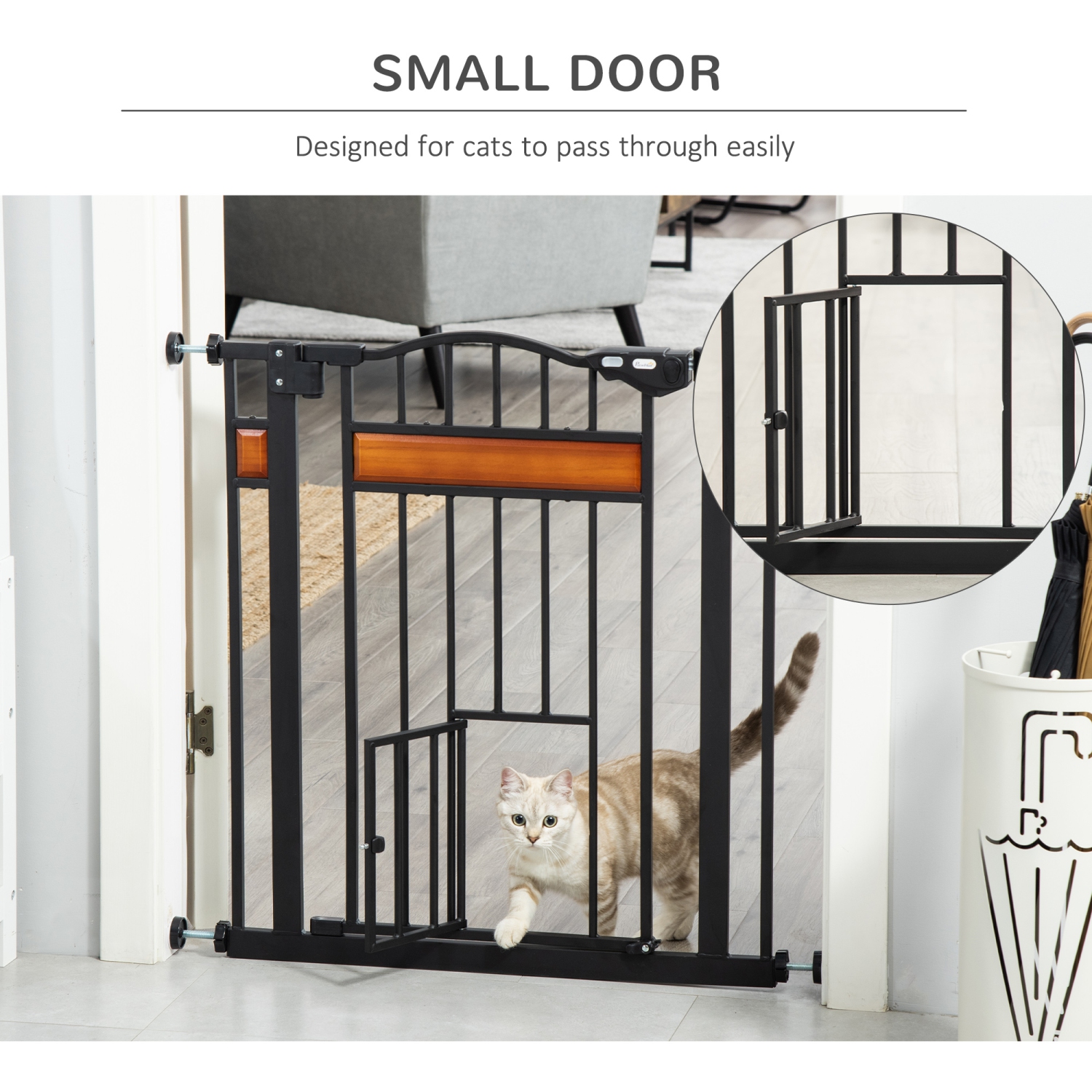 PawHut 29.1''-31.5'' Extra Wide Dog Gate with Cat Door with Stair Pressure Fit, Auto Close, Double Locking, for Doorways, Hallways, Stairs, Black