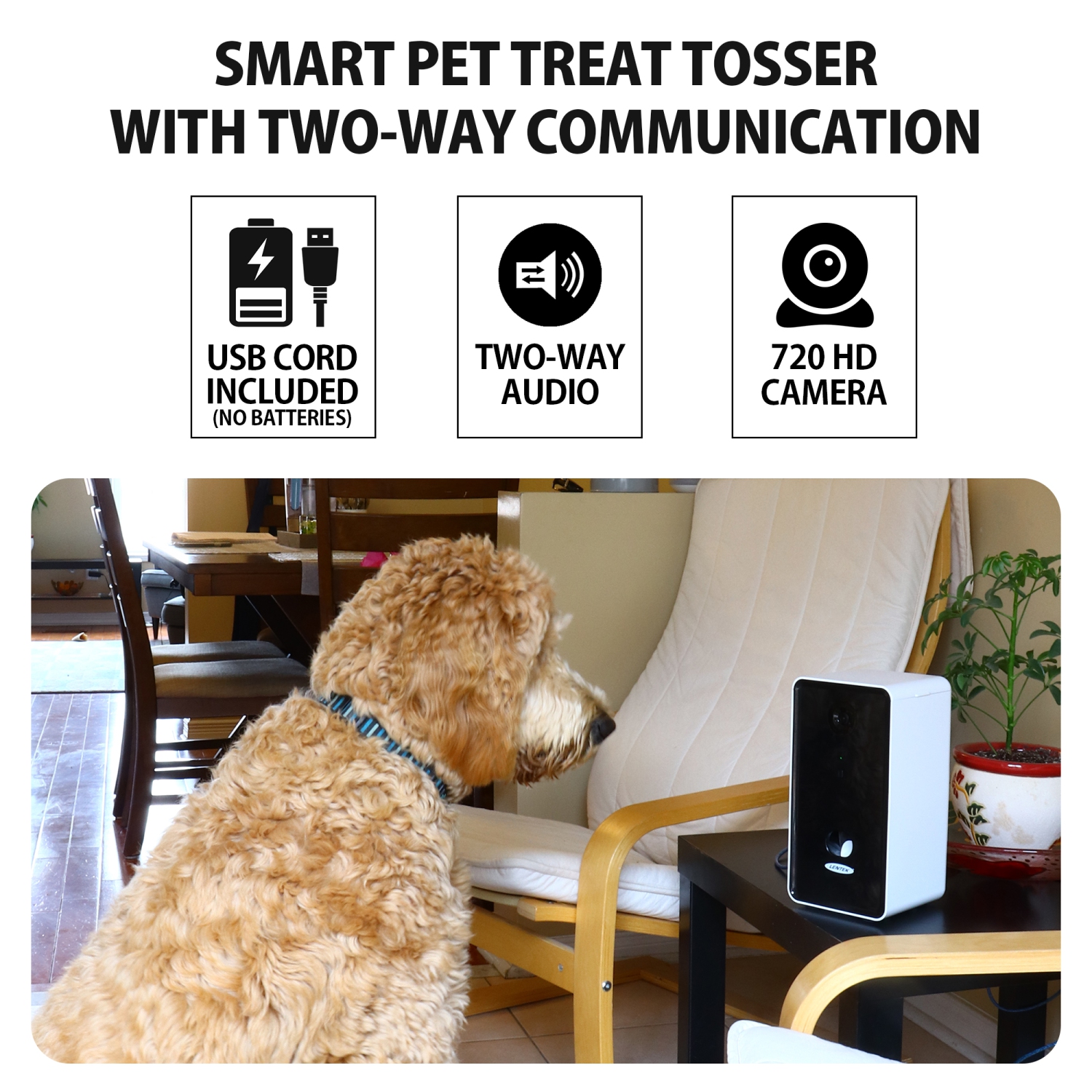 Lentek Smart Pet Treat Tosser with HD Camera, 2-Way Audio, 10 oz.