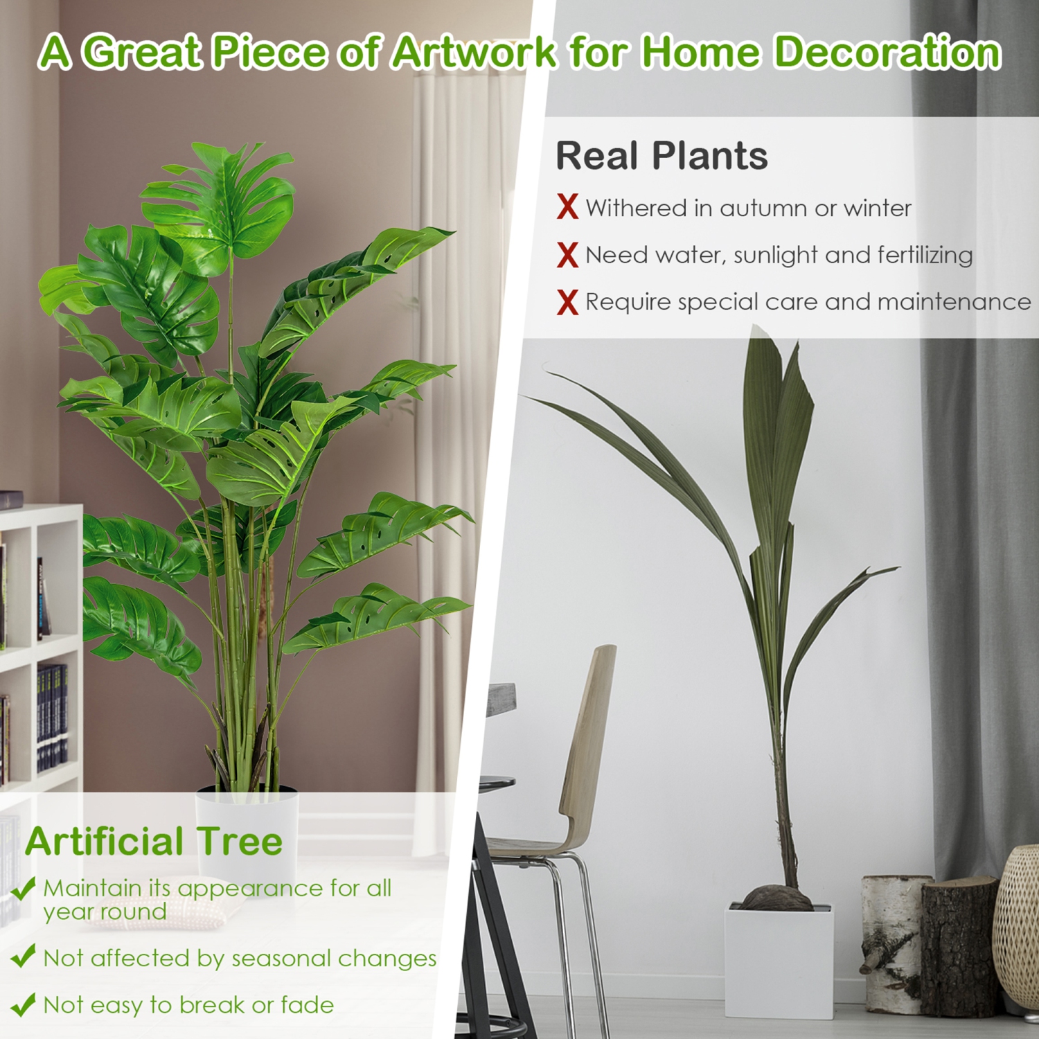 Gymax 2-Pack 5 ft Artificial Tree Potted Fake Faux Monstera Deliciosa Plant Home Office