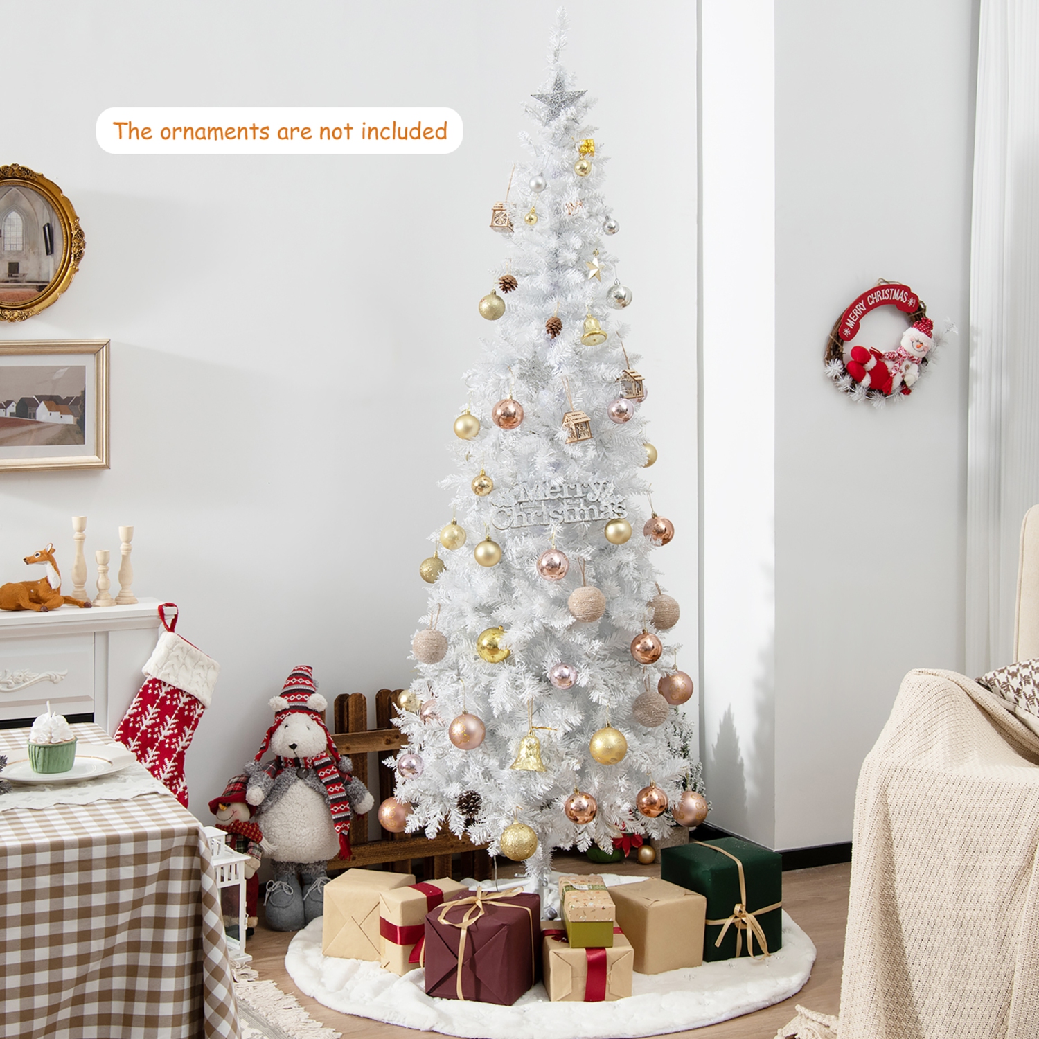 Gymax 7FT Pre-Lit Slim Pencil Christmas Tree Full Artificial Tree w/ LED Lights