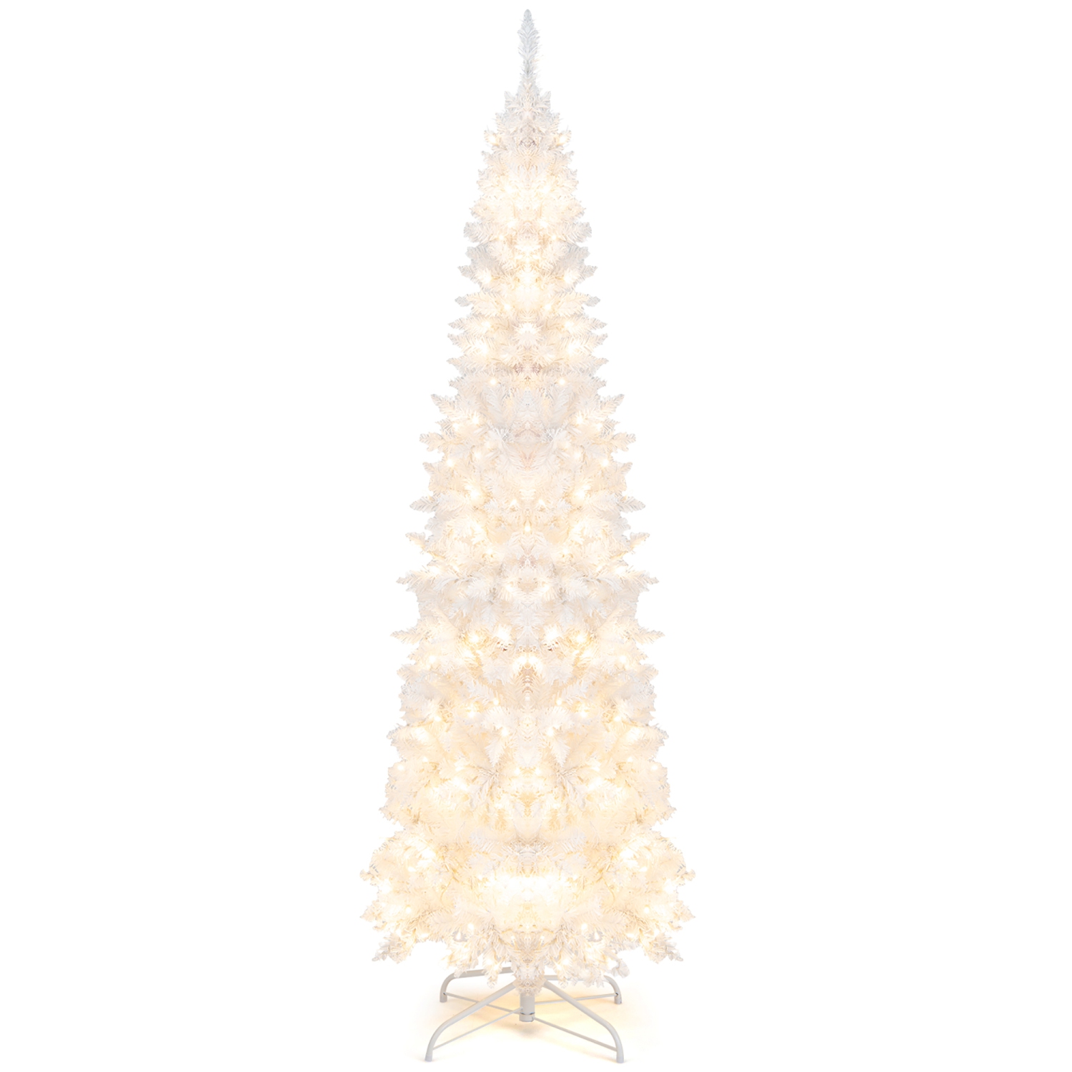 Gymax 7FT Pre-Lit Slim Pencil Christmas Tree Full Artificial Tree w/ LED Lights