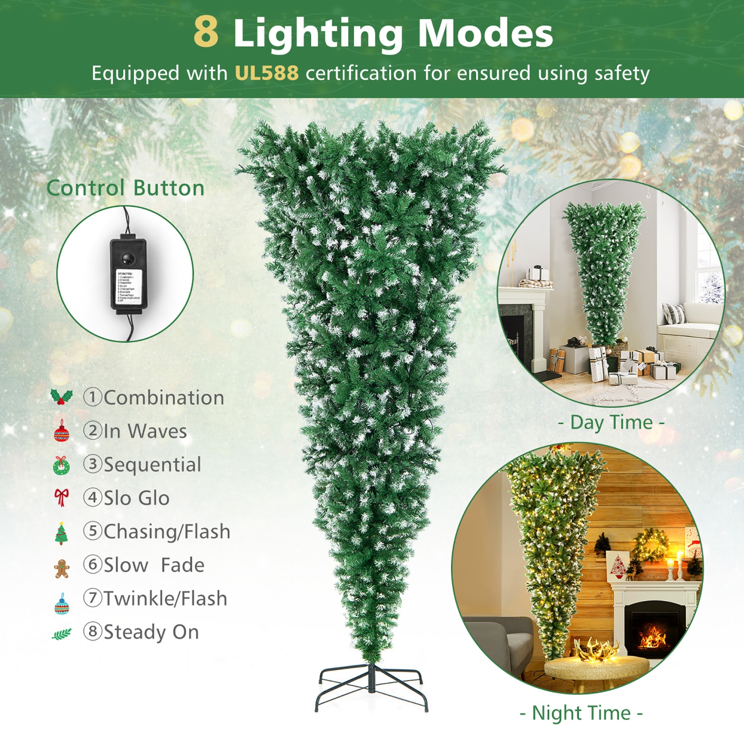 Gymax 7.5FT Pre-Lit Snowy Inverted Christmas Tree Artificial Tree w/ 400 LED Lights