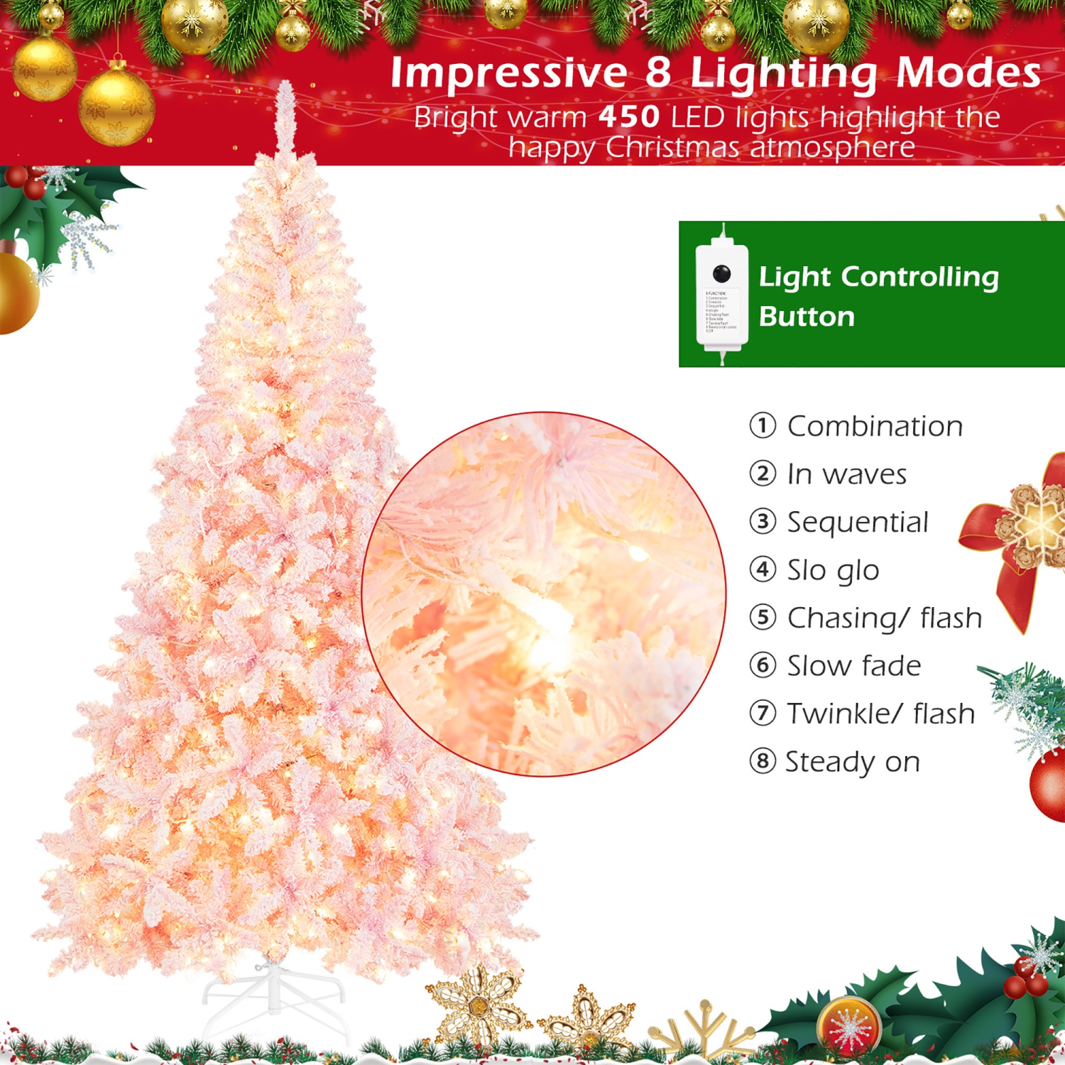 Gymax 7.5FT Pre-Lit Hinged Artificial Snow Christmas Tree Decor Tree w/ 450 LED Lights