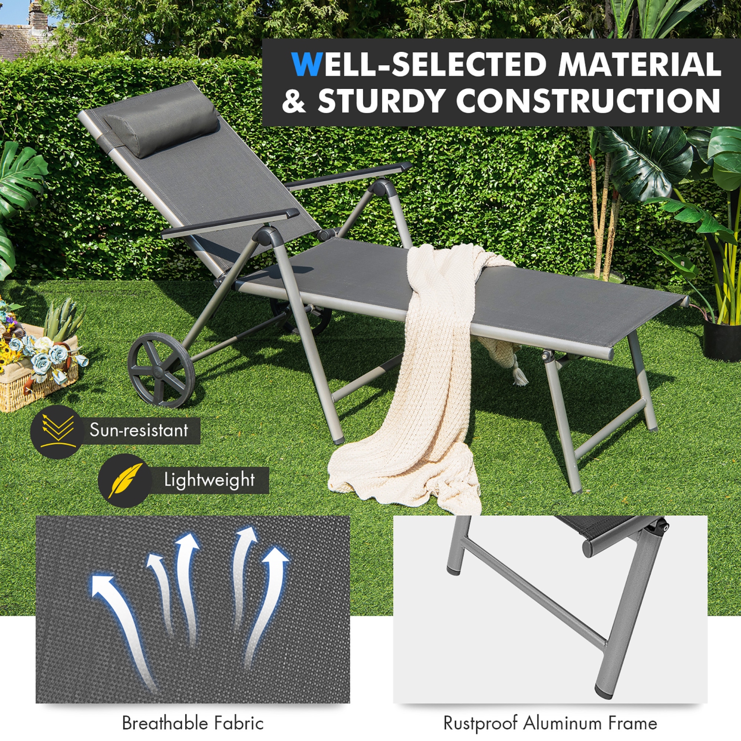 Gymax 2PCS Patio Recliner Chair Outdoor Adjustable Folding Chaise Lounge Chair w/ 2 Wheels