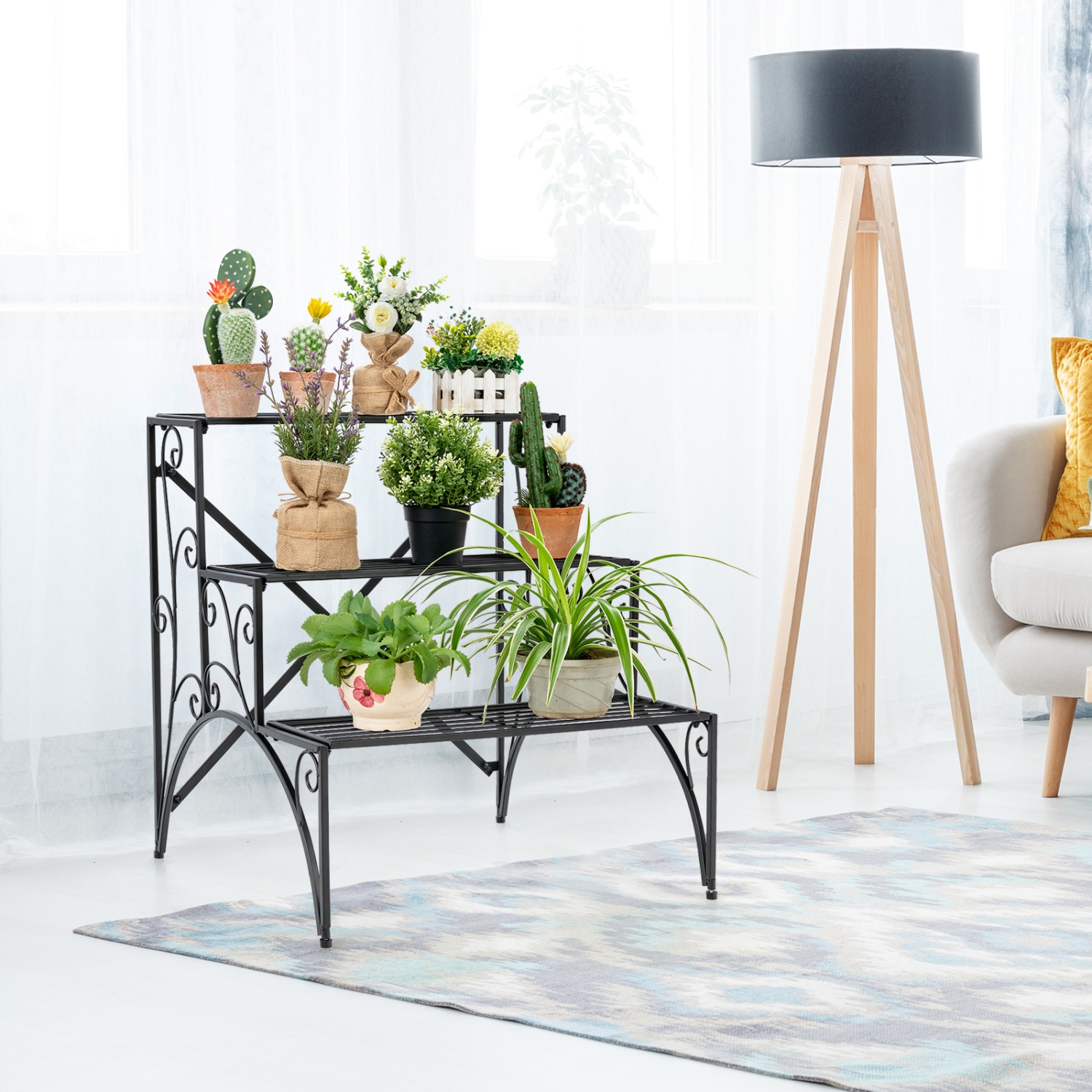 Présentoir à 3 niveaux en métal pour plante sur pied avec tablette de jardin pour pot de fleurs de Costway