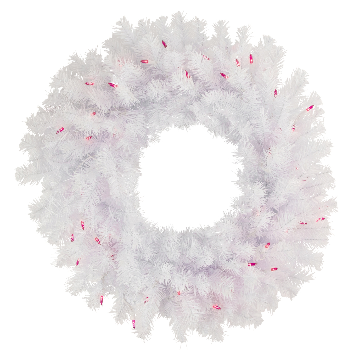Pre-Lit Geneva Spruce Artificial Christmas Wreath - White - 24" - White - Pink Lights