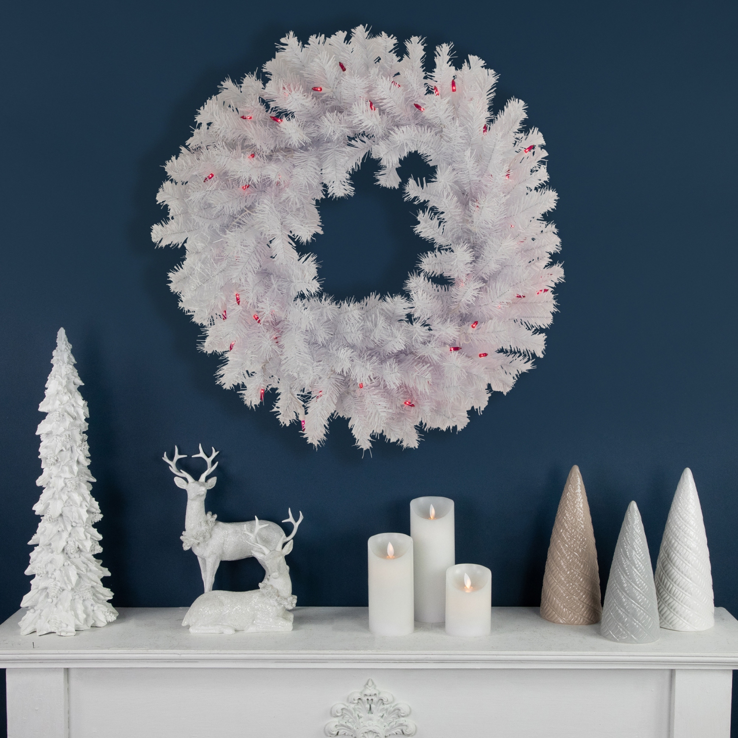 Pre-Lit Geneva Spruce Artificial Christmas Wreath - White - 24" - White - Pink Lights