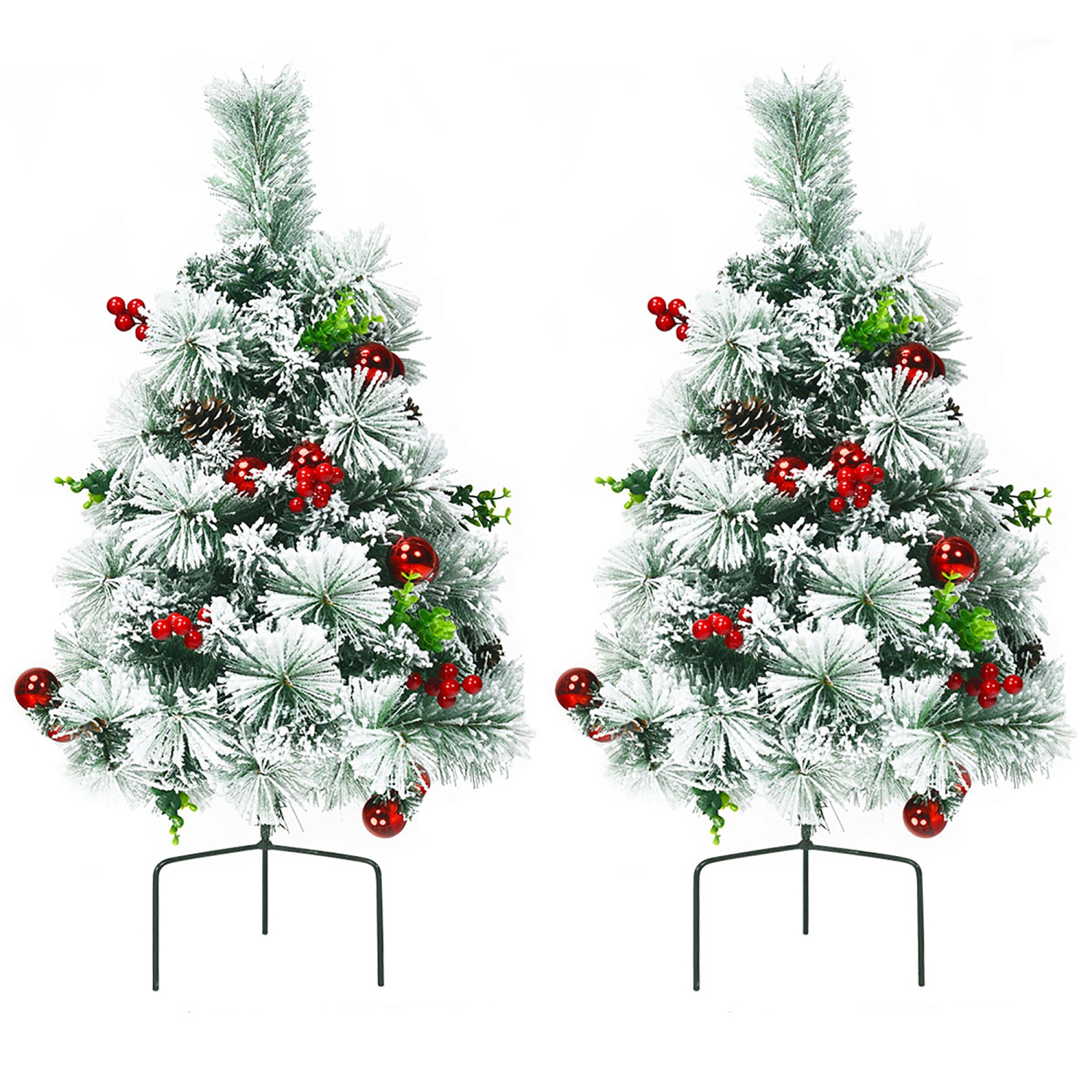 Costway Set of 2 24in Battery Powered Pre-lit Pathway Flocked Christmas Trees Outdoor