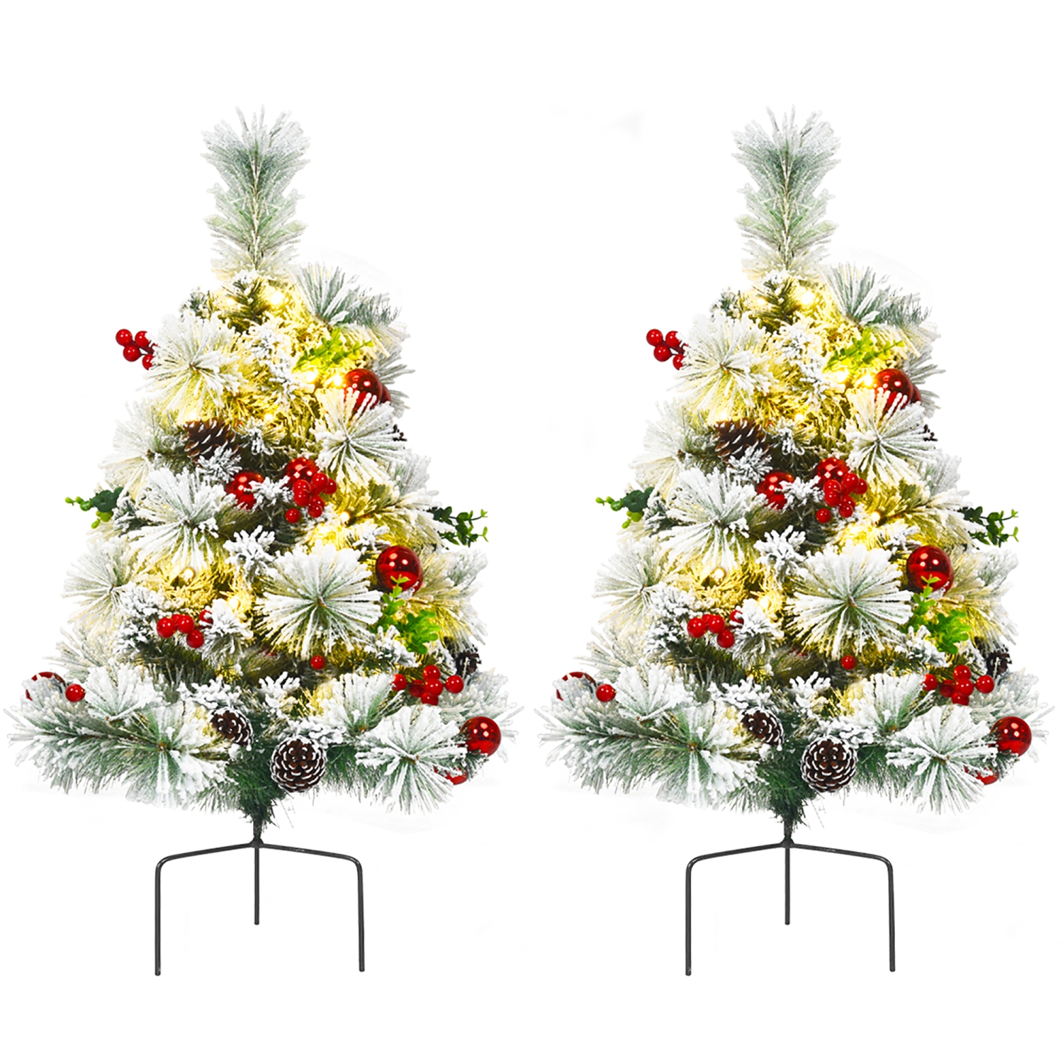 Costway Set of 2 24in Battery Powered Pre-lit Pathway Flocked Christmas Trees Outdoor